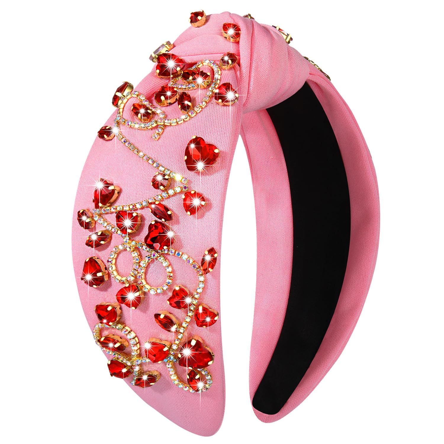 CEALXHENY Hairband, Valentine's Day Headbands Accessories for Women Hot Pink Beaded Heart Headband Heart Crystal Knotted Headban