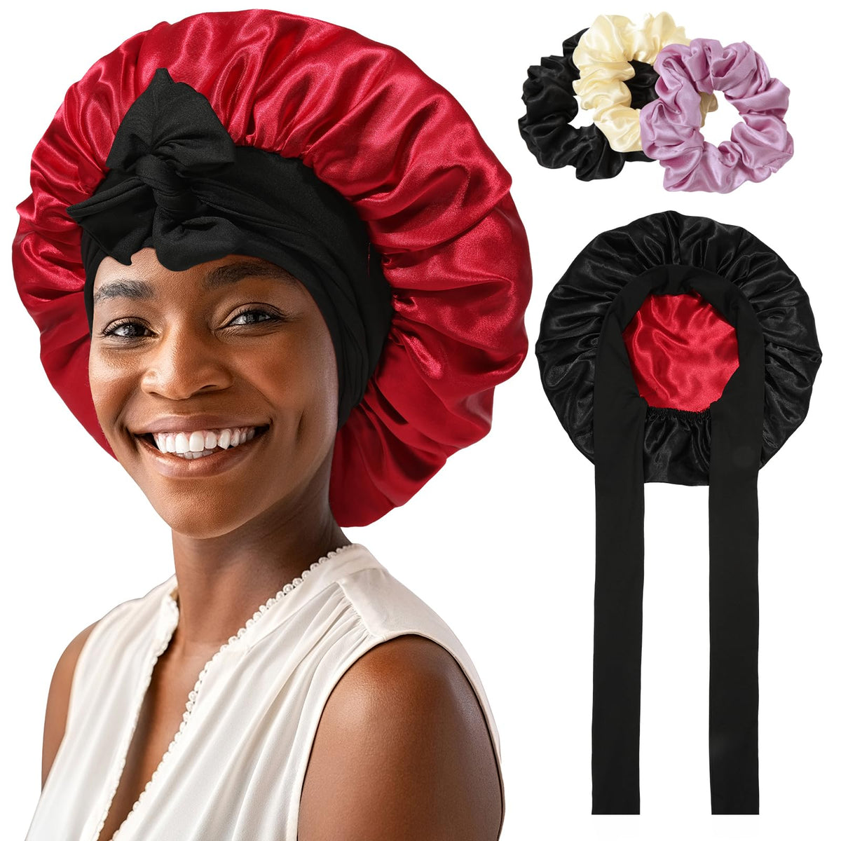 Reversible Satin Bonnet for Women with 3PCS Hair Scrunchies Tie Band Hair Bonnet for Sleeping Large 2 Layered Silk Sleeping Cap 