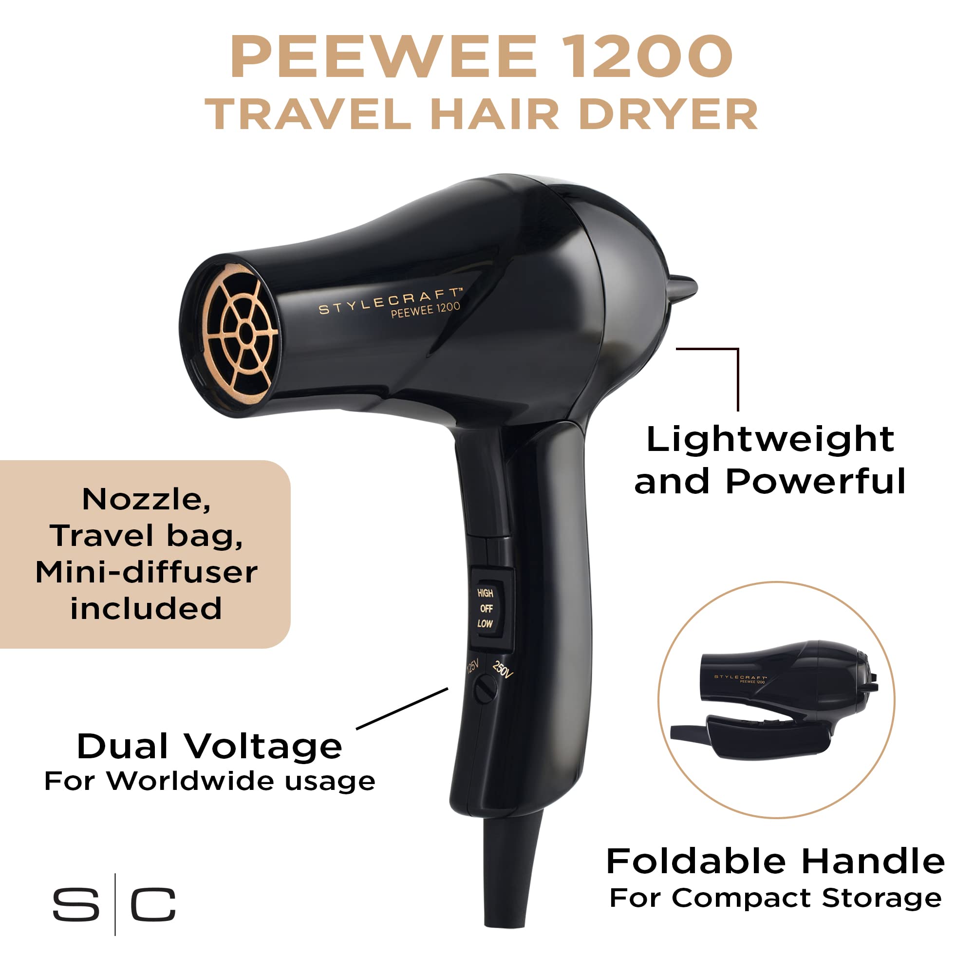 StyleCraft Peewee Dual Voltage Travel Dryer, Foldable Handle, Lightweight Portable Size, Tri-Plex Technology, Concentrator Nozzl