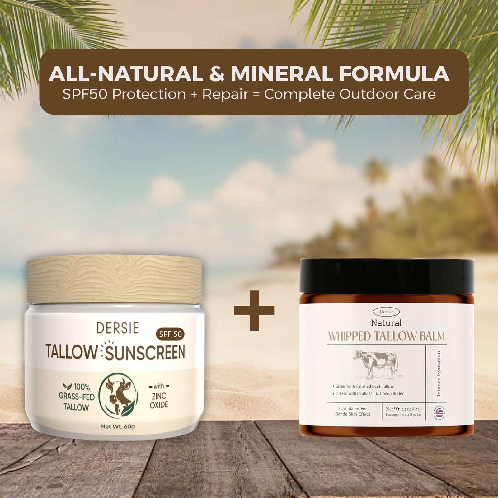 Tallow Sunscreen with Zinc Oxide for Face & Body: SPF 50 Mineral Sunblock with Grass-Fed Tallow - Water-Resistant Non-Toxic Non-