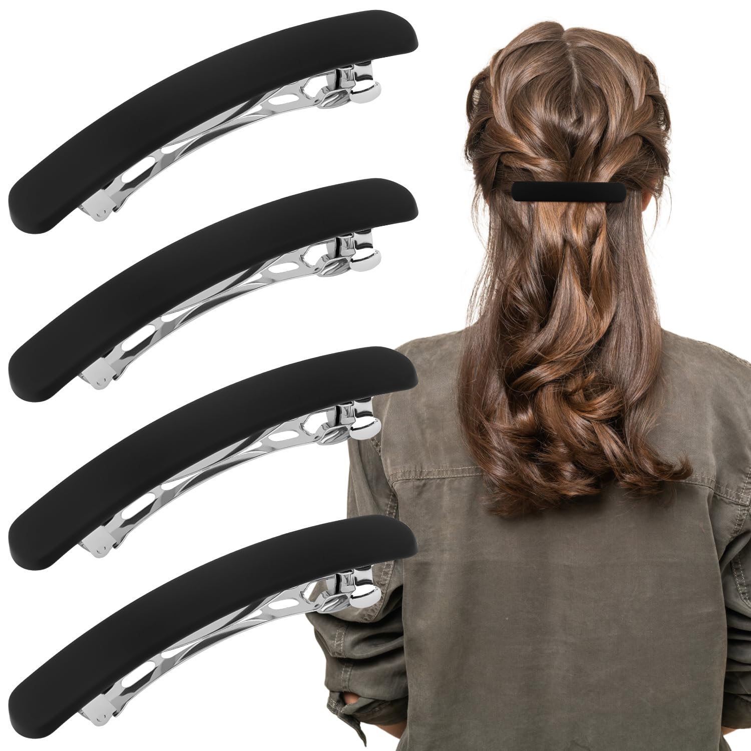 Atoden Hair Clip, Black Matte Barrettes for Women 4Pcs, Flat Hair Clips for Thin Fine Hair, Hair Pins for Short Medium Hair, Cut