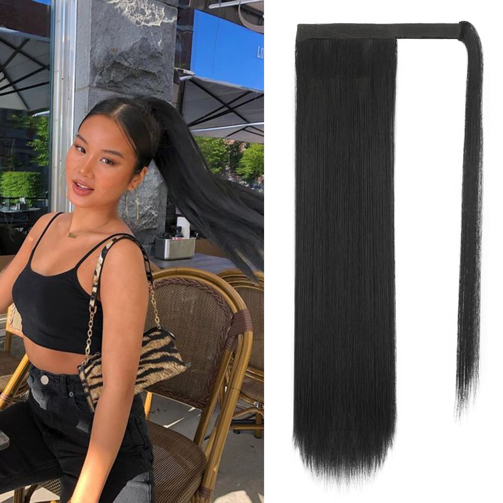 BARSDAR 20 In Black Ponytail Extension Long Straight Wrap Around Clip in Ponytail Hair Extensions Synthetic Pony Tails Hair Piec