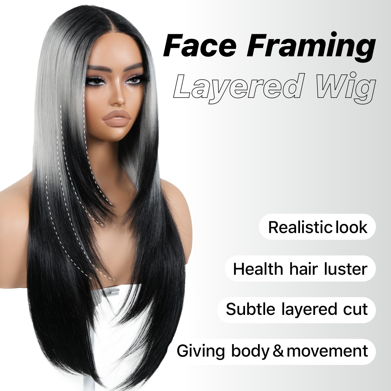 BrownBomb Ombre Sliver Grey Wear and Go Glueless Wigs Pre Plucked Pre Cut for Beginners Synthetic Lace Front Wigs With Bangs Lon