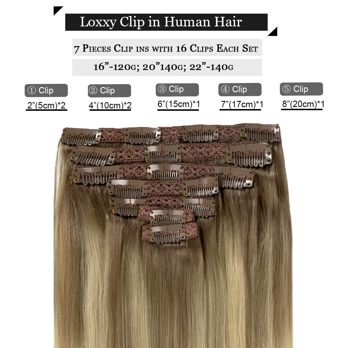 Loxxy 22 Inch Clip In Hair Extensions Remy Human Hair 140G 7Pcs 16 Clips Silky Straight 100% Real Balayage Human Hair Extensions