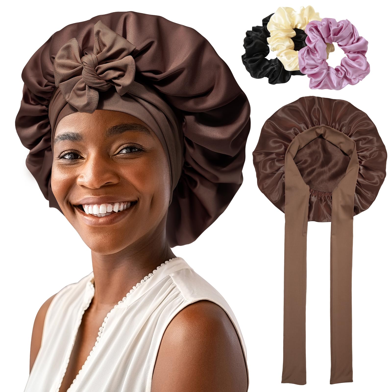 AWAYTR Satin Bonnet for Women, 2-Layer Large Sleep Cap with Adjustable Drawstring, Brown Includes 3 Hair Scrunchies