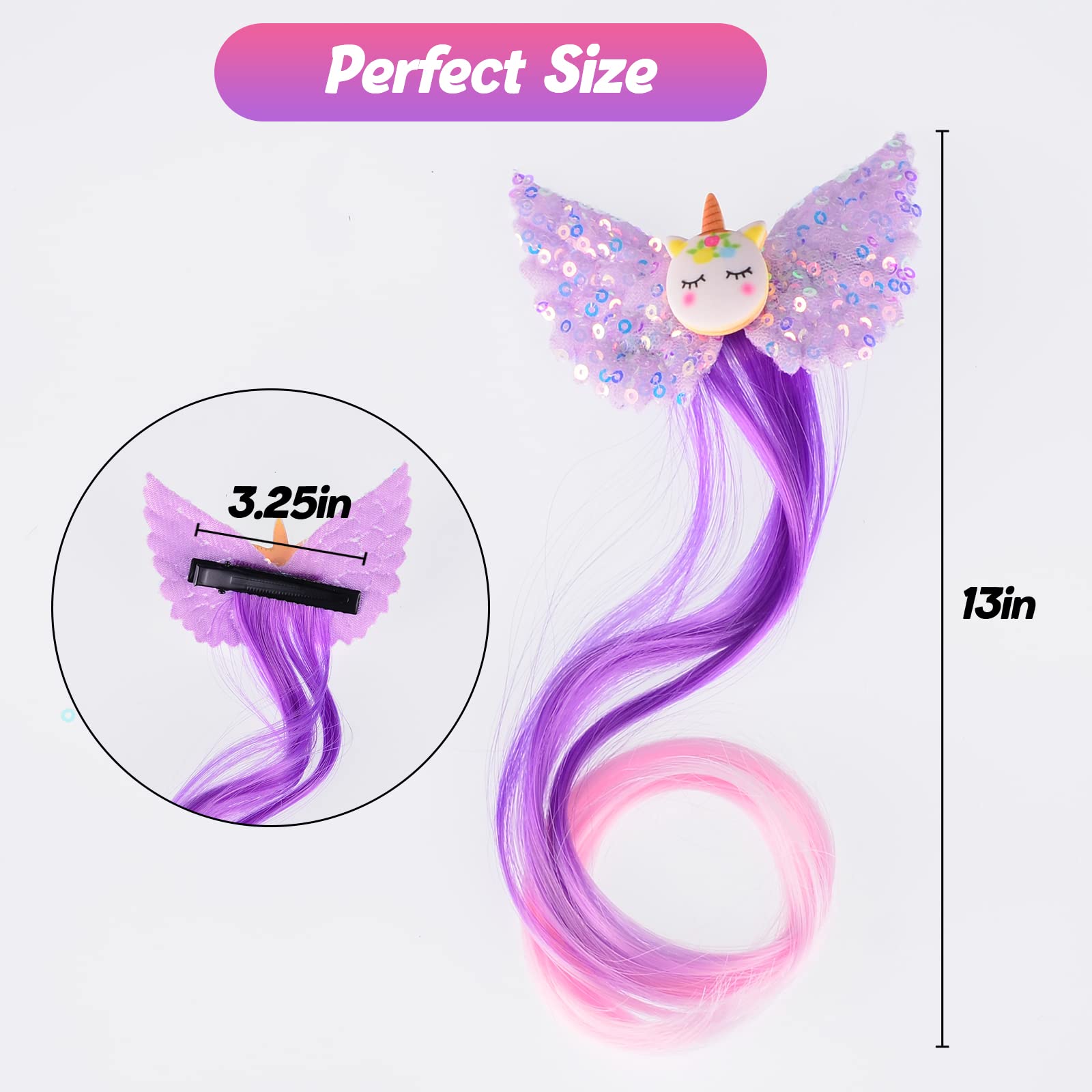 Little World Hair Clips for Girls - 6 Pcs Curly Clip in Hair Extensions with Cute Unicorn Bow - 13in Gradient Color Hair Clips f