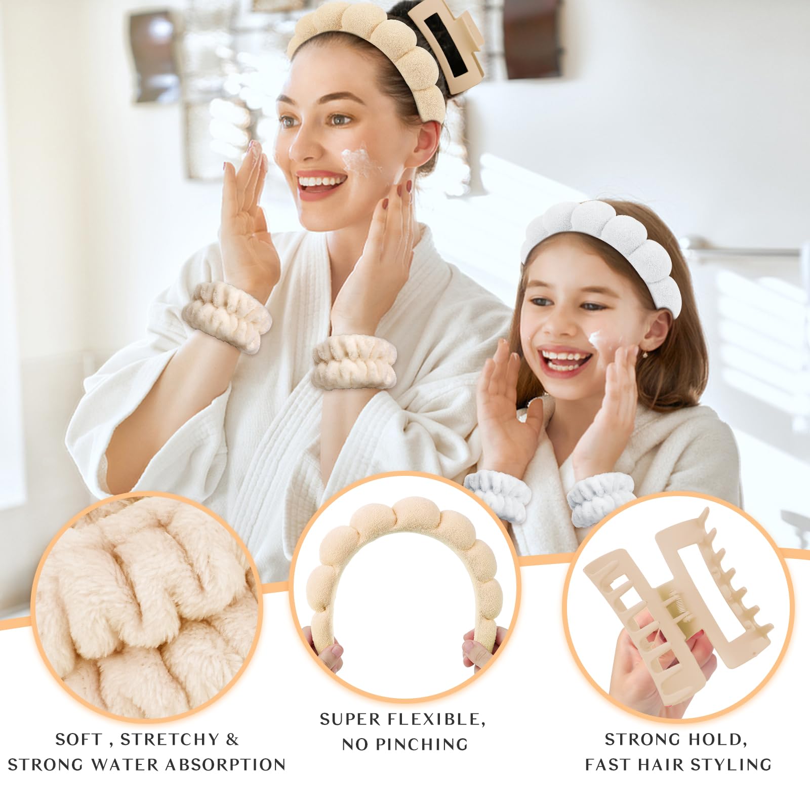 Wecoe White Khaki Spa Headband And Wristband Set Skincare Headband For Washing Face Hair Claw Clips For Thick Hair Cute Puffy Sp