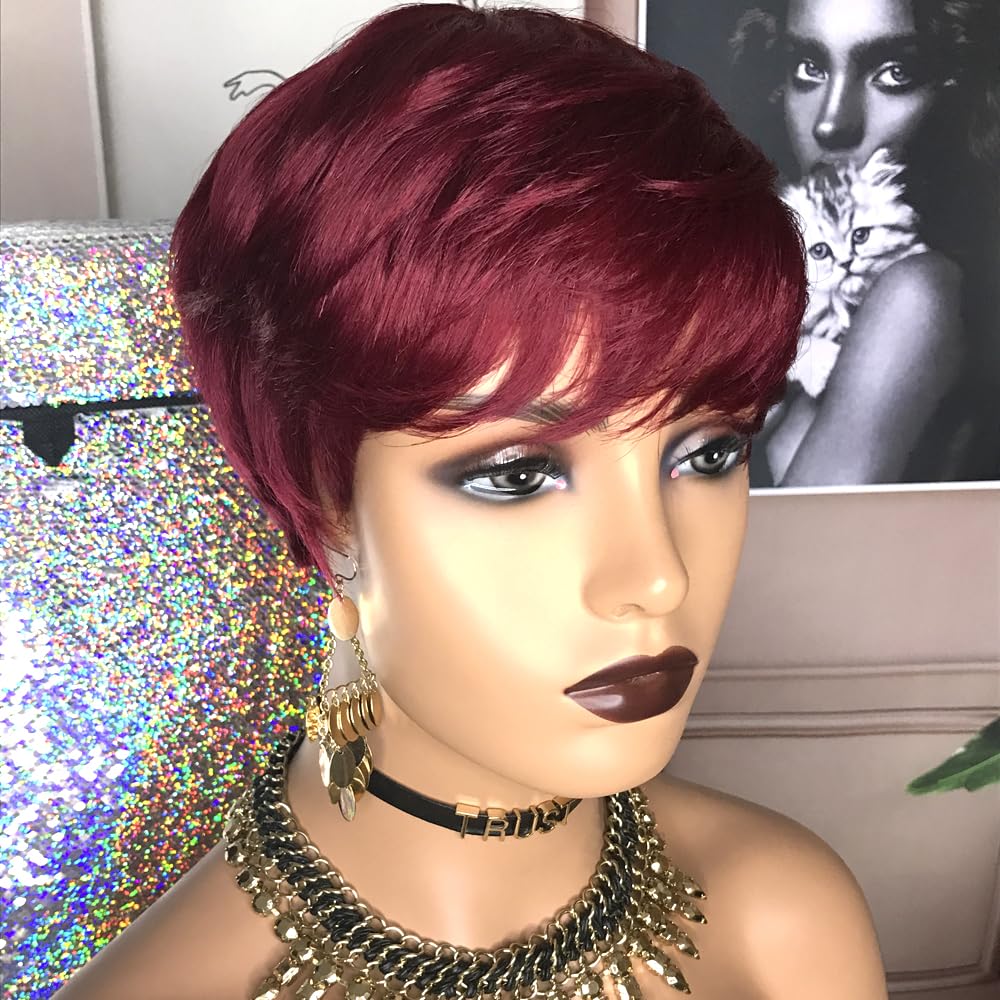 Hotkis Short Pixie Wigs Human Hair For Black Women Pixie Cut Wig Human Hair Short Burgundy Hair Wigs Pixie Wig Glueless Human Ha
