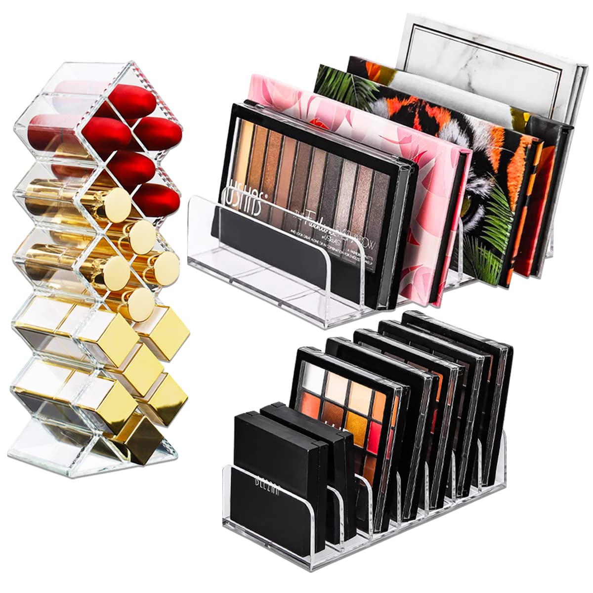 Fhdusryo 3Pcs Eyeshadow Palette Organizer, 7 Section Makeup Palette Organizer, 2 Acrylic Palette Organizer With 1 Lipstick Holde