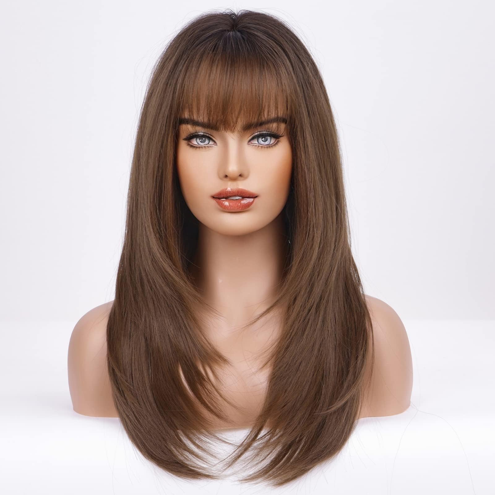 Haircube Dark Brown Synthetic Women'S Wig Layered Wigs With Bangs Middle Length Straight And Heat Resistant
