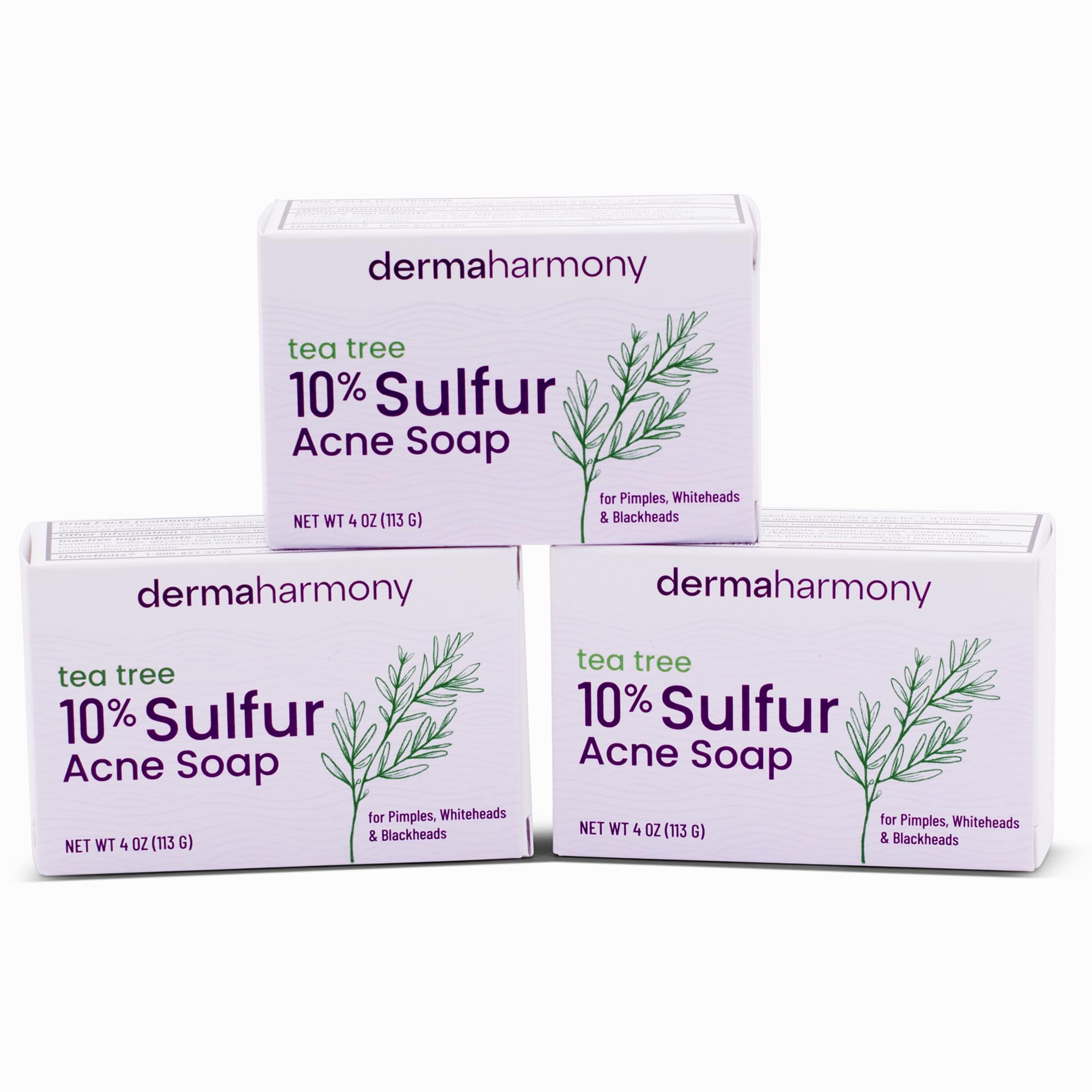 Dermaharmony 10% Sulfur with Tea Tree Oil Acne Bar Soap 4 oz (3 Bars)