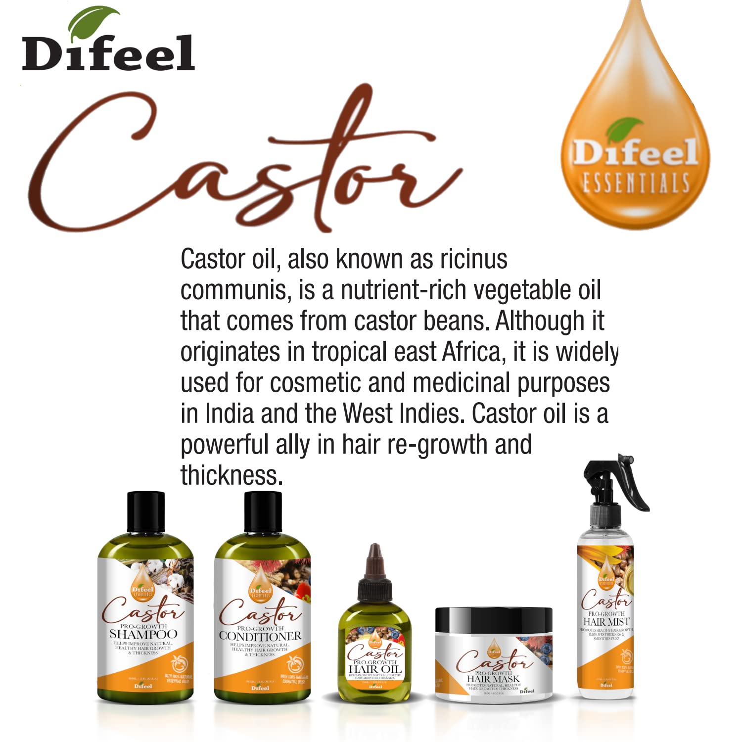 Difeel Essentials Pro-Growth Castor Conditioner 12 oz. - Conditioner with Castor Oil, Made with 100% Natural Essential Oil