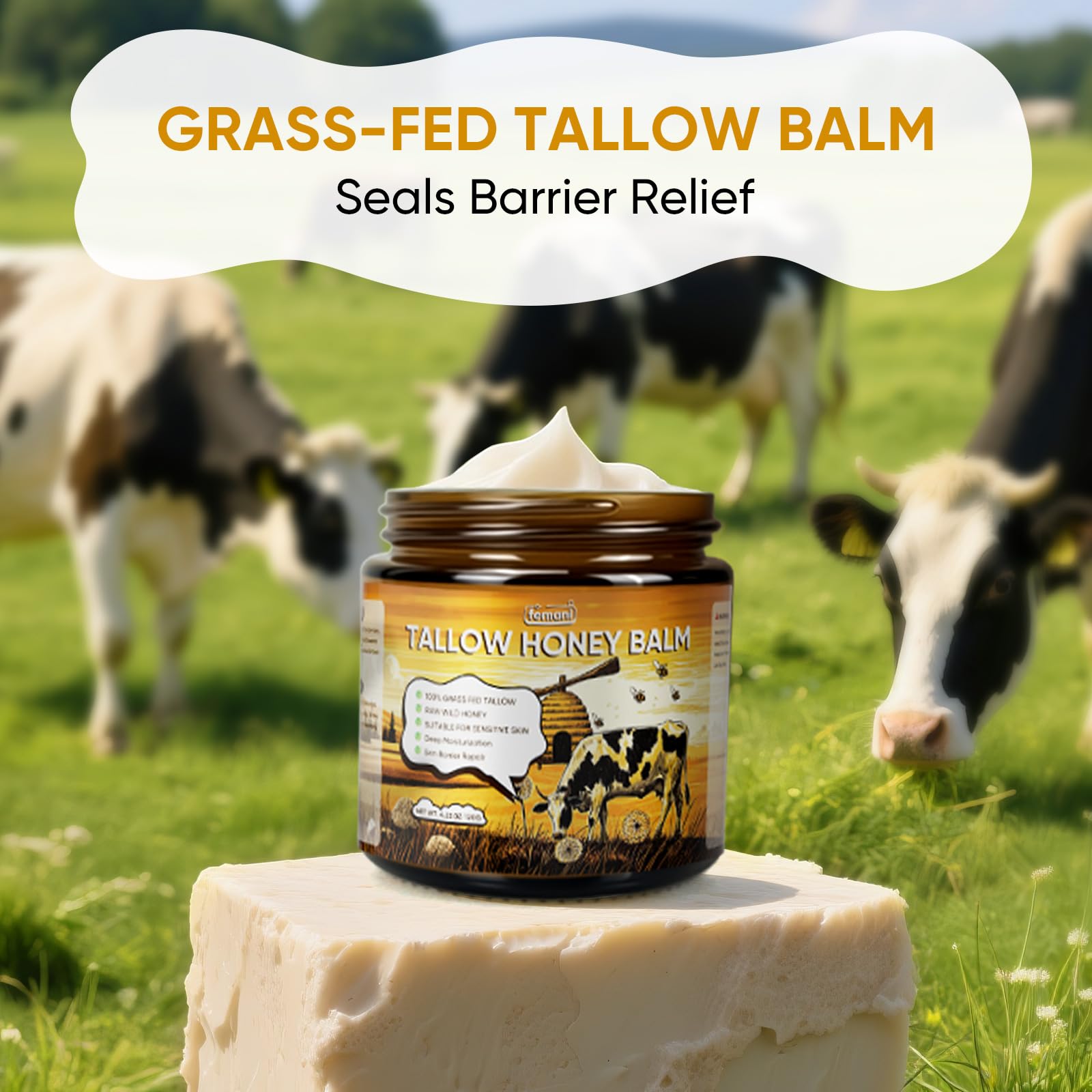 Beef Tallow for Face & Body - 4 Oz Organic Grass-Fed Beef Tallow Balm with Raw Honey Blend - Moisturizing Cream for Soft, Smooth