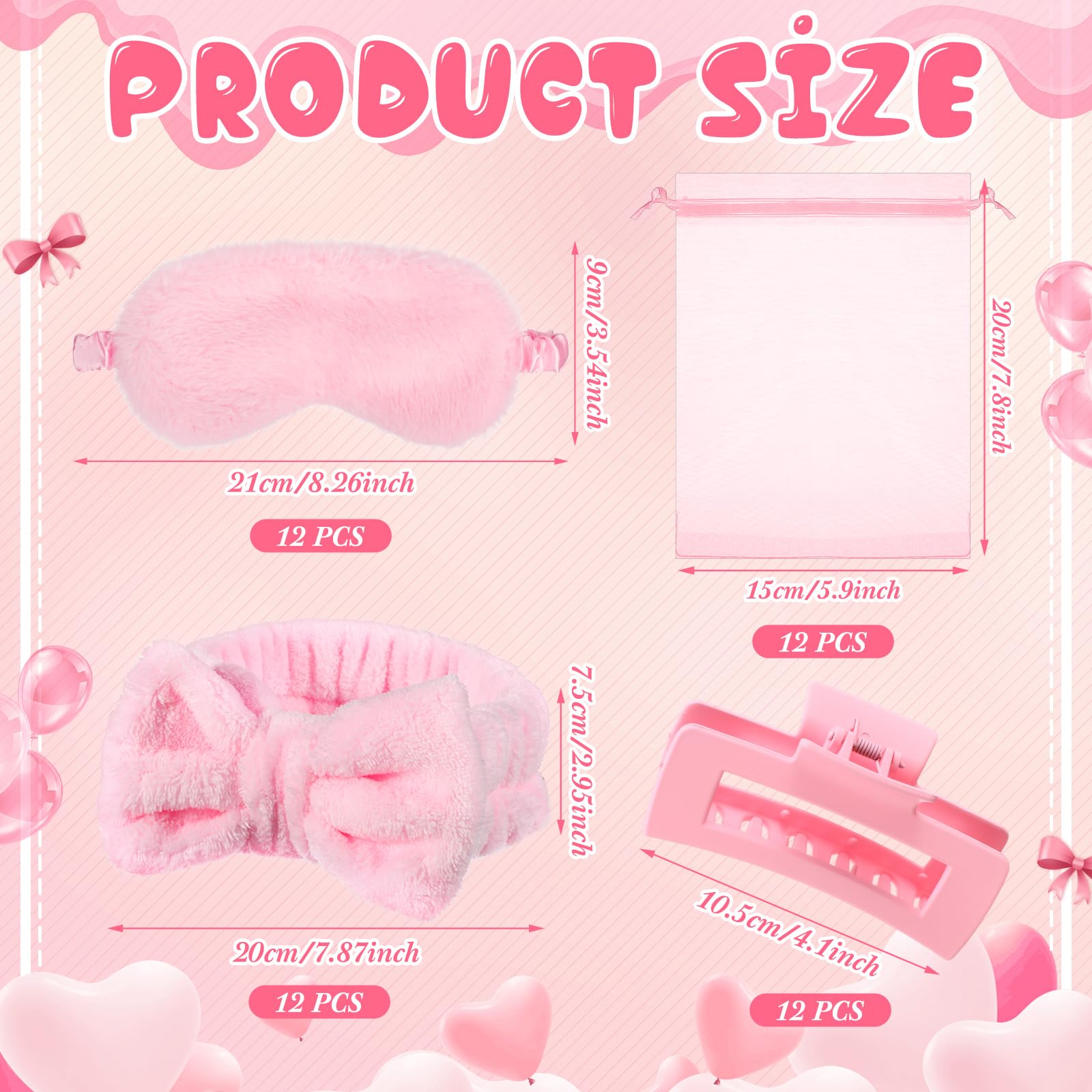 Wavyknot 48 Pcs Spa Party Supplies Sleep over Essentials 12 Pink Spa Headband 12 Pink Plush Sleep Eye Mask 12 Claw Clips 12 Orga