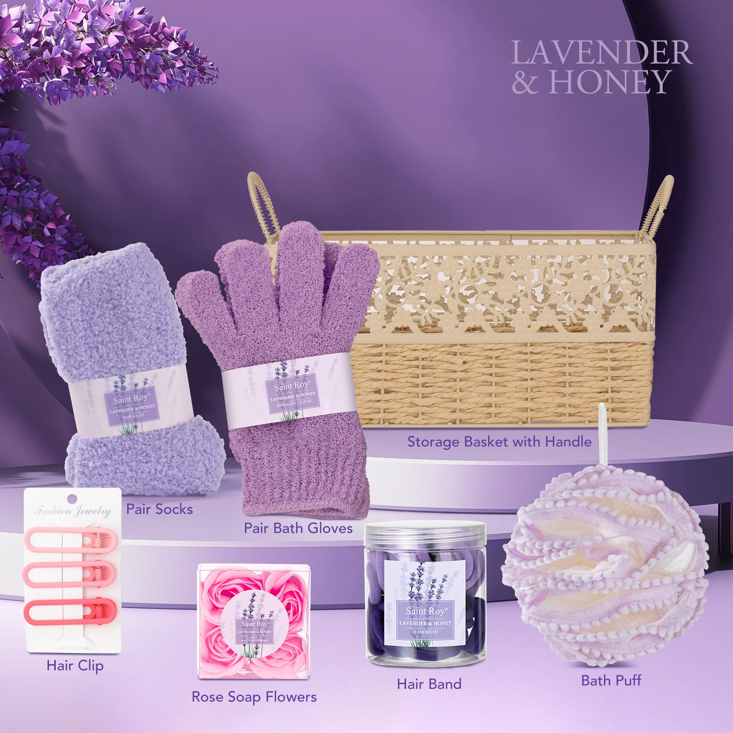 Luxury Bath & Body Set For Women Lavender & Honey Large Spa Basket 20Pcs Luxurious Bath Spa Kit For Women, Mother Day Gifts Perf