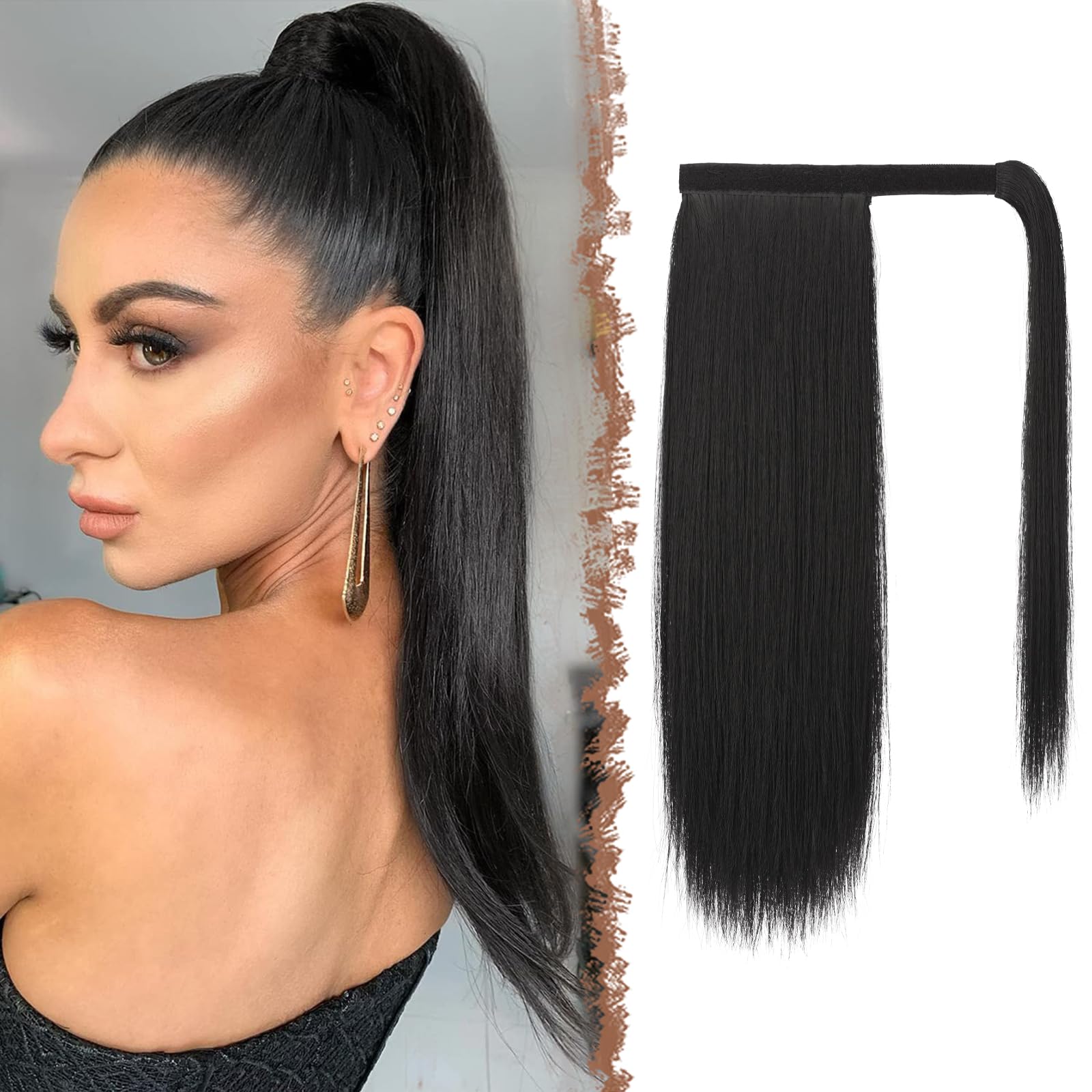 Feshfen Straight Ponytail Extension 18 Inch Natural Long Ponytails Wrap Around Clip In Pony Tail Hair Piece Synthetic Hairpieces