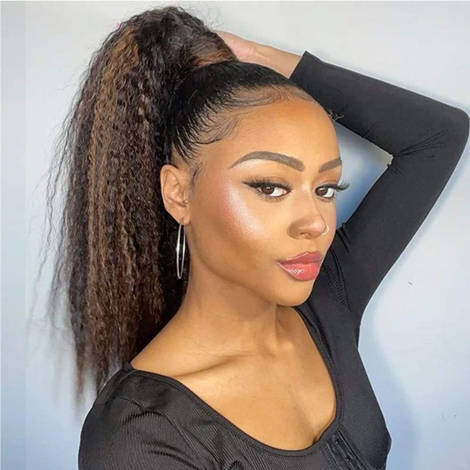 LEOSA Ponytail Extension 14 inch Yaki Drawstring Ponytails for Black Women Short Natural Mixed Highlight Brown Kinky Straight Dr