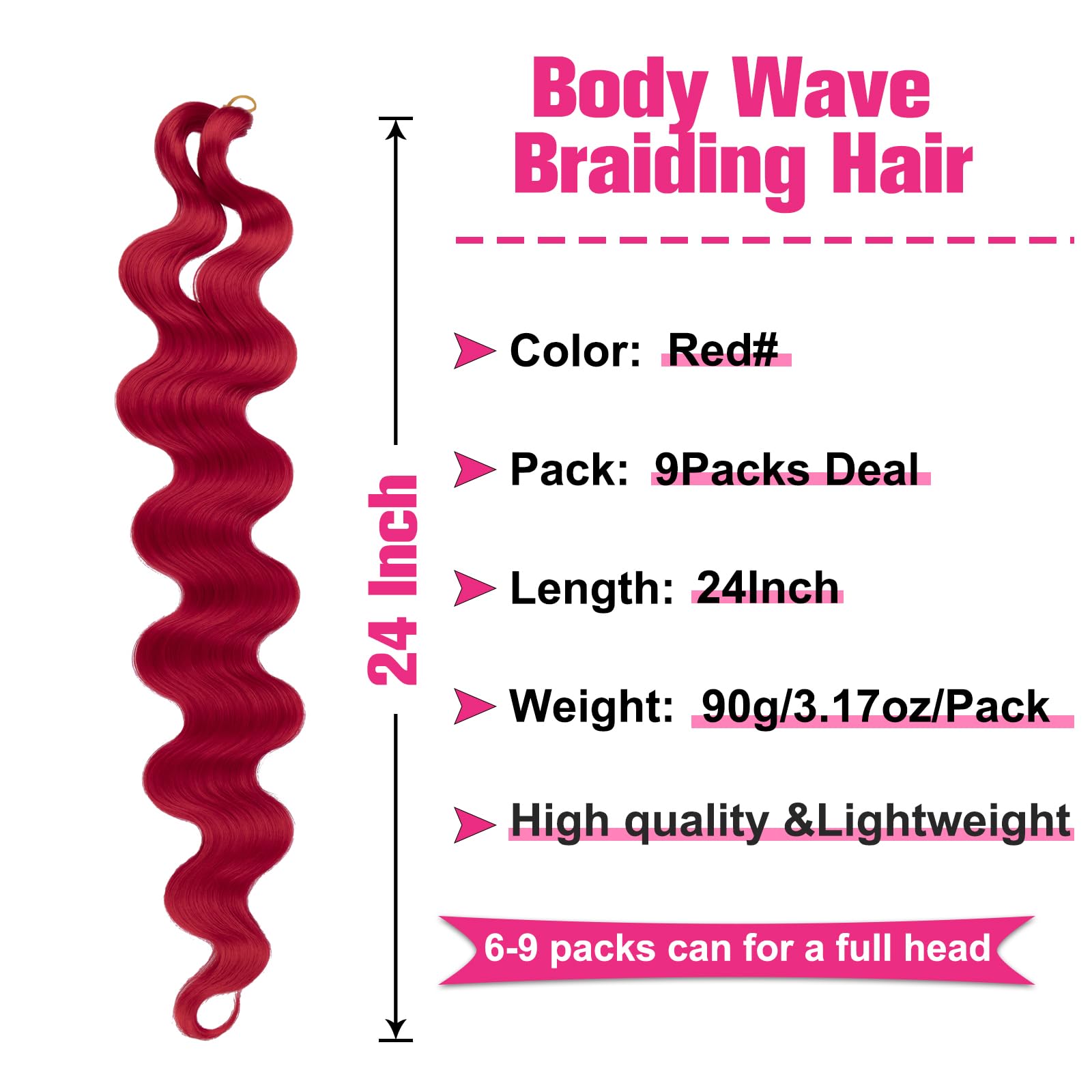 Unionbeauty Red Body Wave Braiding Hair 24 Inch 9 Packs Pre-Feathered Braiding Hair For Goddess Boho Box Braids Synthetic Croche