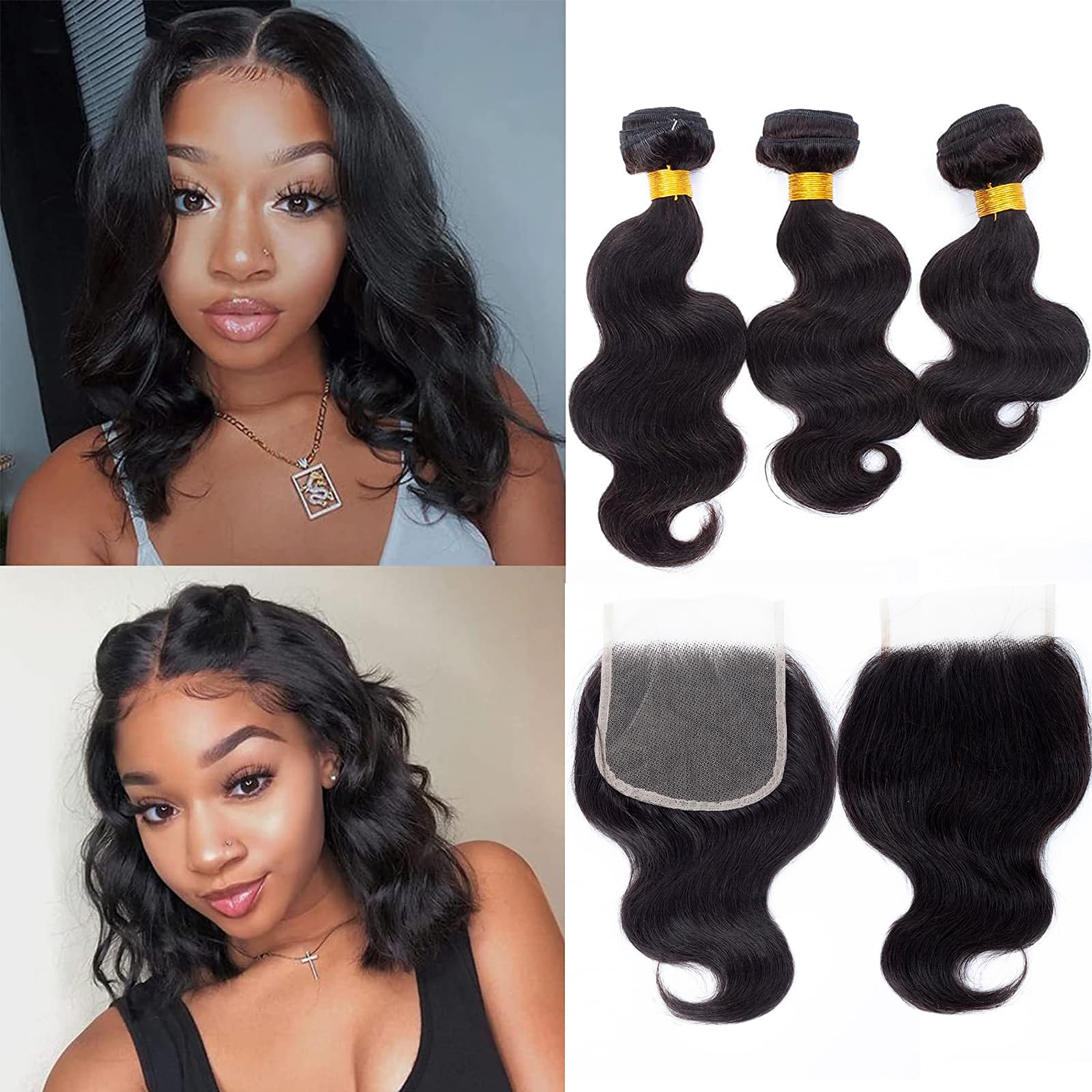 Brazilian Virgin Hair Body Wave 3 Bundles With Closure (12 14 16+10''Closure) 10A Virgin Brazilian Remy Human Hair Bundles With