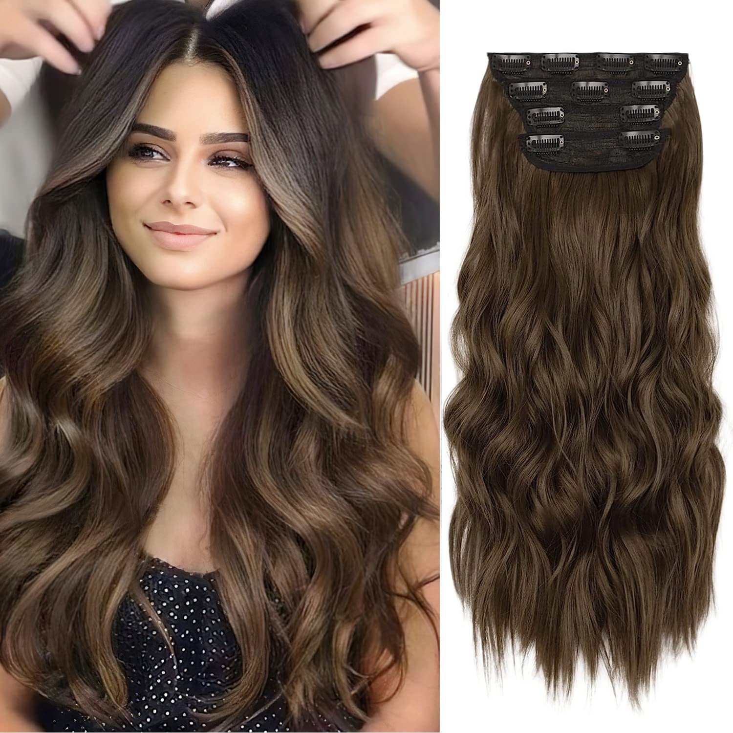 Chestnut Brown Hair Extensions, 4Pcs Synthetic Clip in Hair Extensions, 20 Inches Long Curly Hair Extensions Clip ins, Natural T