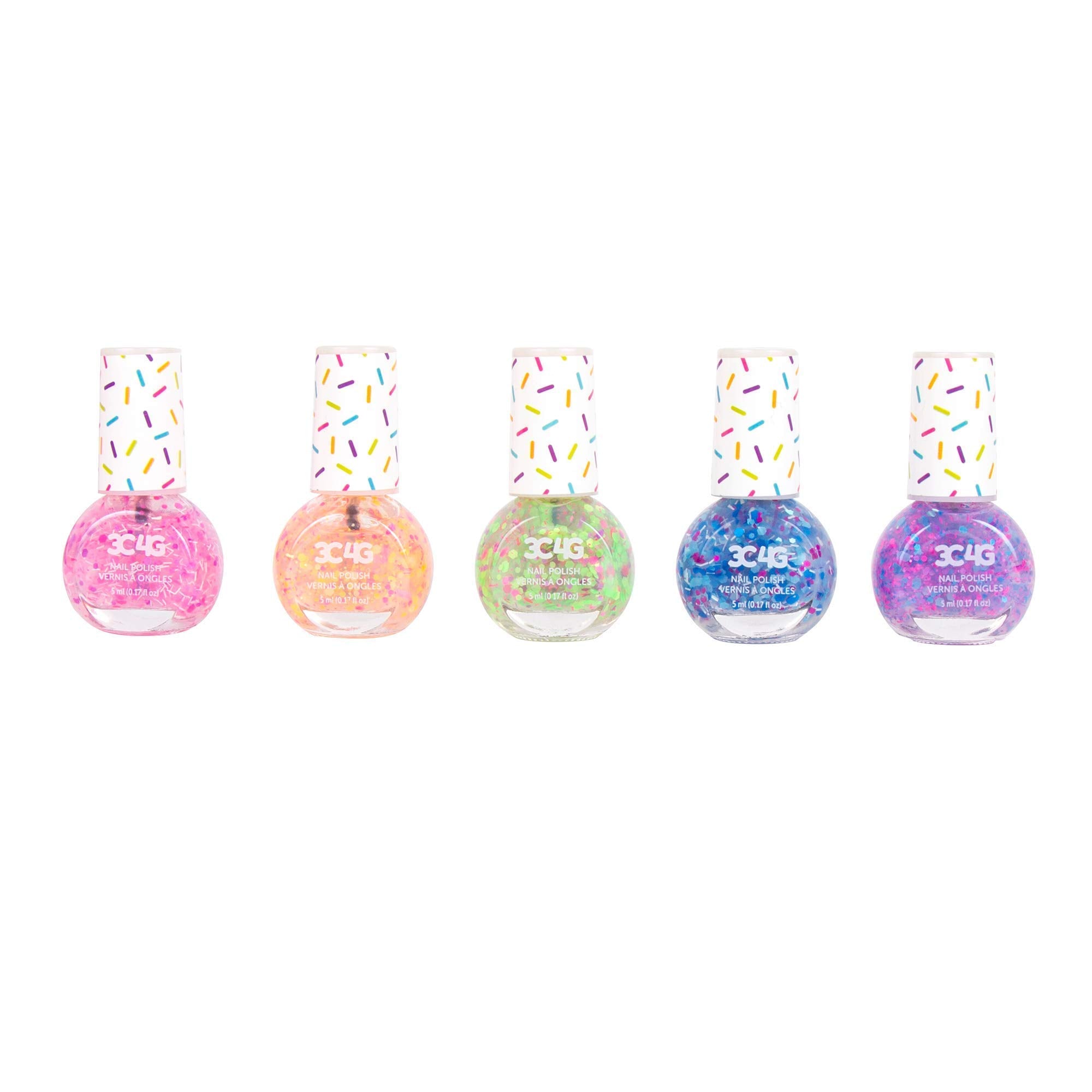 3C4G Confetti Nail Polish Set for Girls & Teens - 5 Fun, Non-Toxic Colors with Sparkling Confetti, Safe Nail Polish Kit for Kids