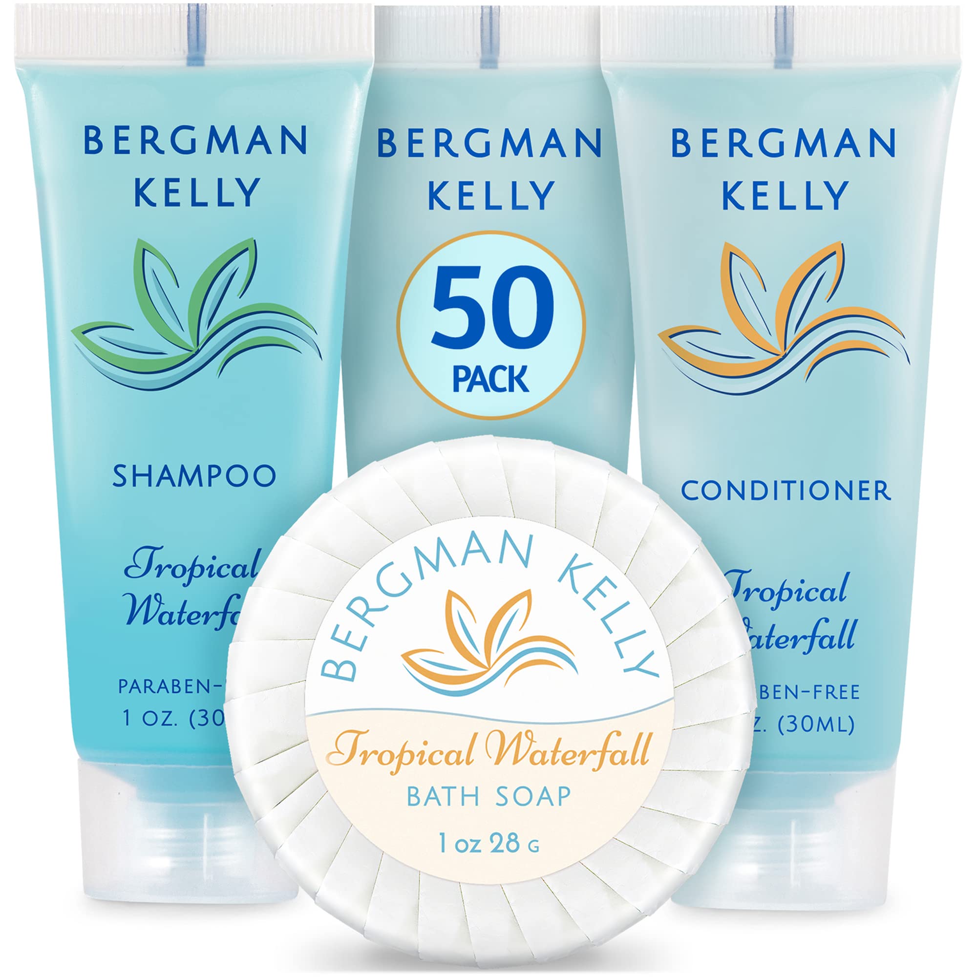 Bergman Kelly Round Hotel Soap Bars, Shampoo & Conditioner 3-Piece Set (1 Oz Each, 150 Pc Total, Tropical Waterfall), Delight Yo