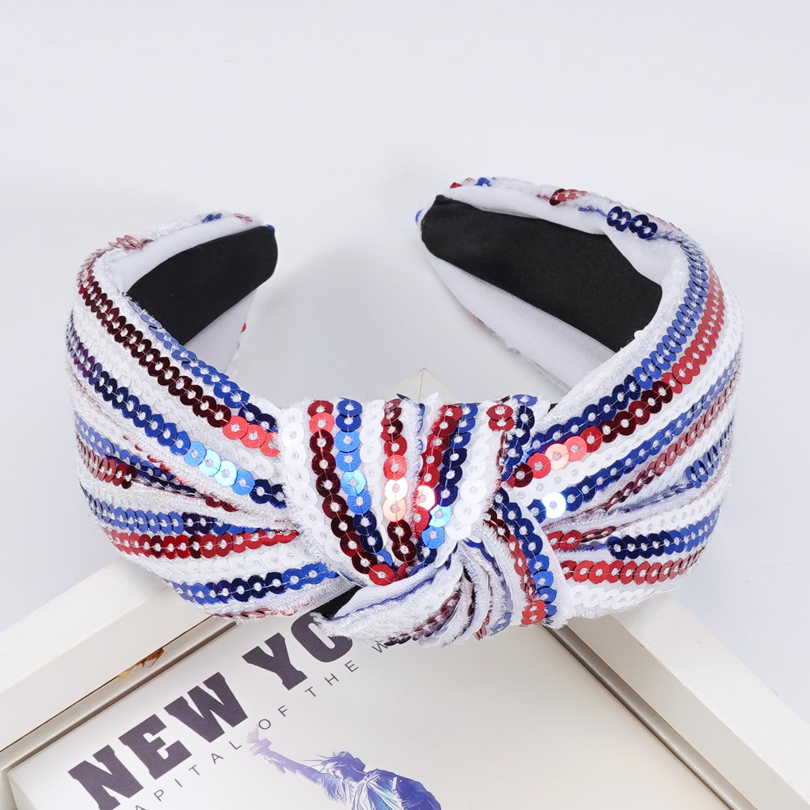 Ardorchid 4th of July Headbands for Women Girls American Flag USA Independence Day Knotted Wide Headband Red White and Blue Sequ