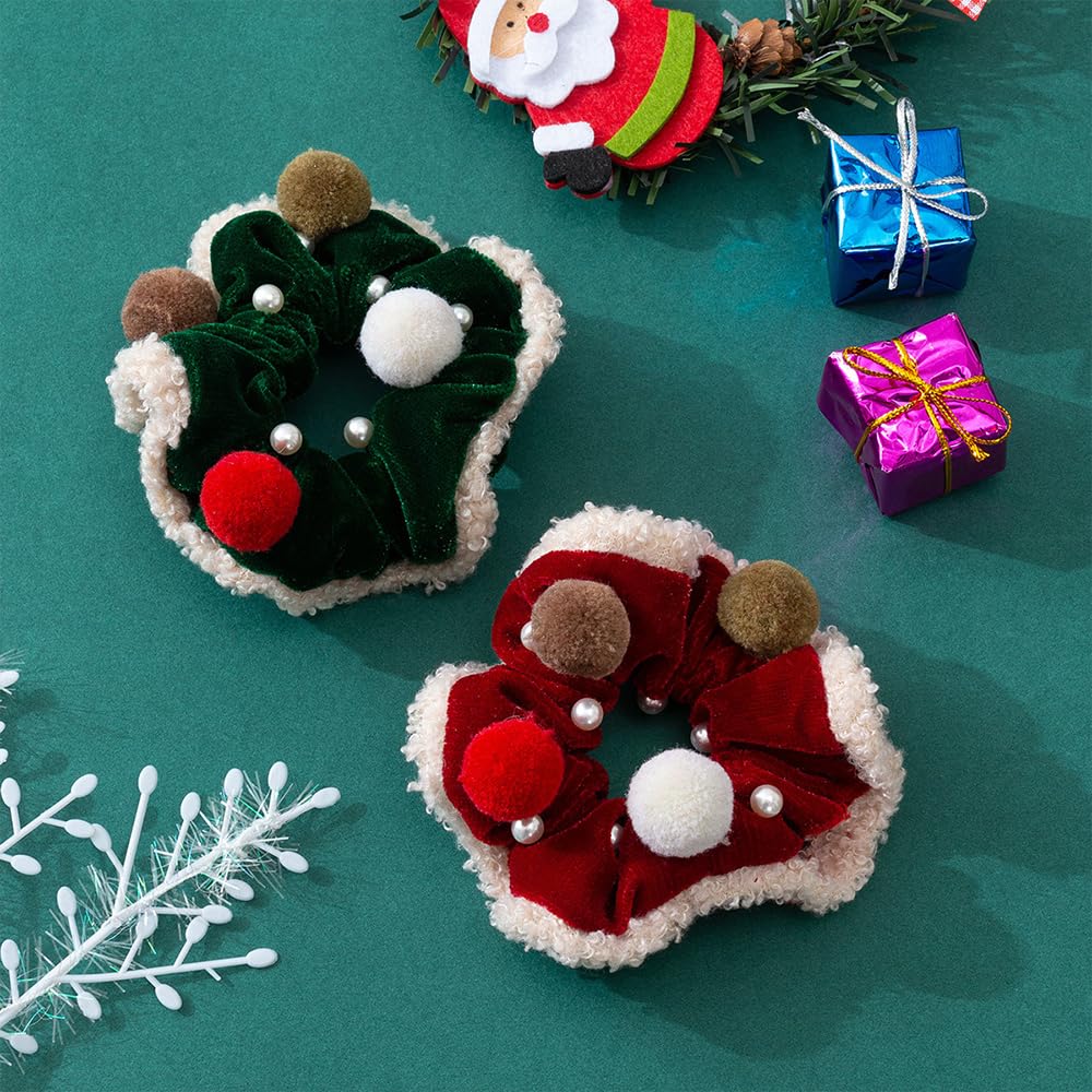Christmas Scrunchies Xmas Hair Ties for Women Red Hair Accessories Fuzz Ball Design Green Hair Scrunchies Elastics Hair Bands Pa