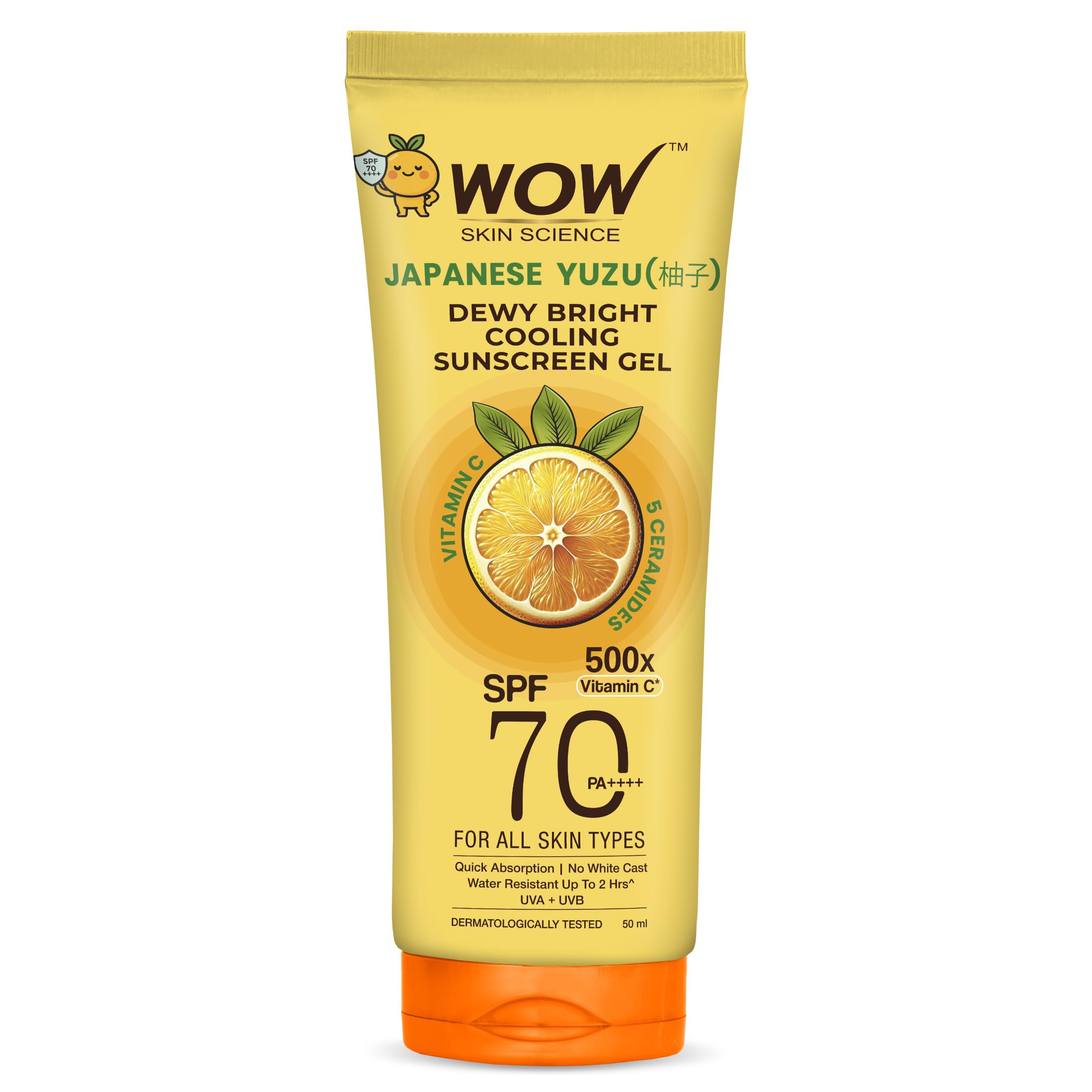 Wow Skin Science Japanese Yuzu + Vitamin C With 5 Ceramides Dewy Bright Sunscreen Gel Spf 70 Pa++++ | 500X Vitamin C | Quick Abs