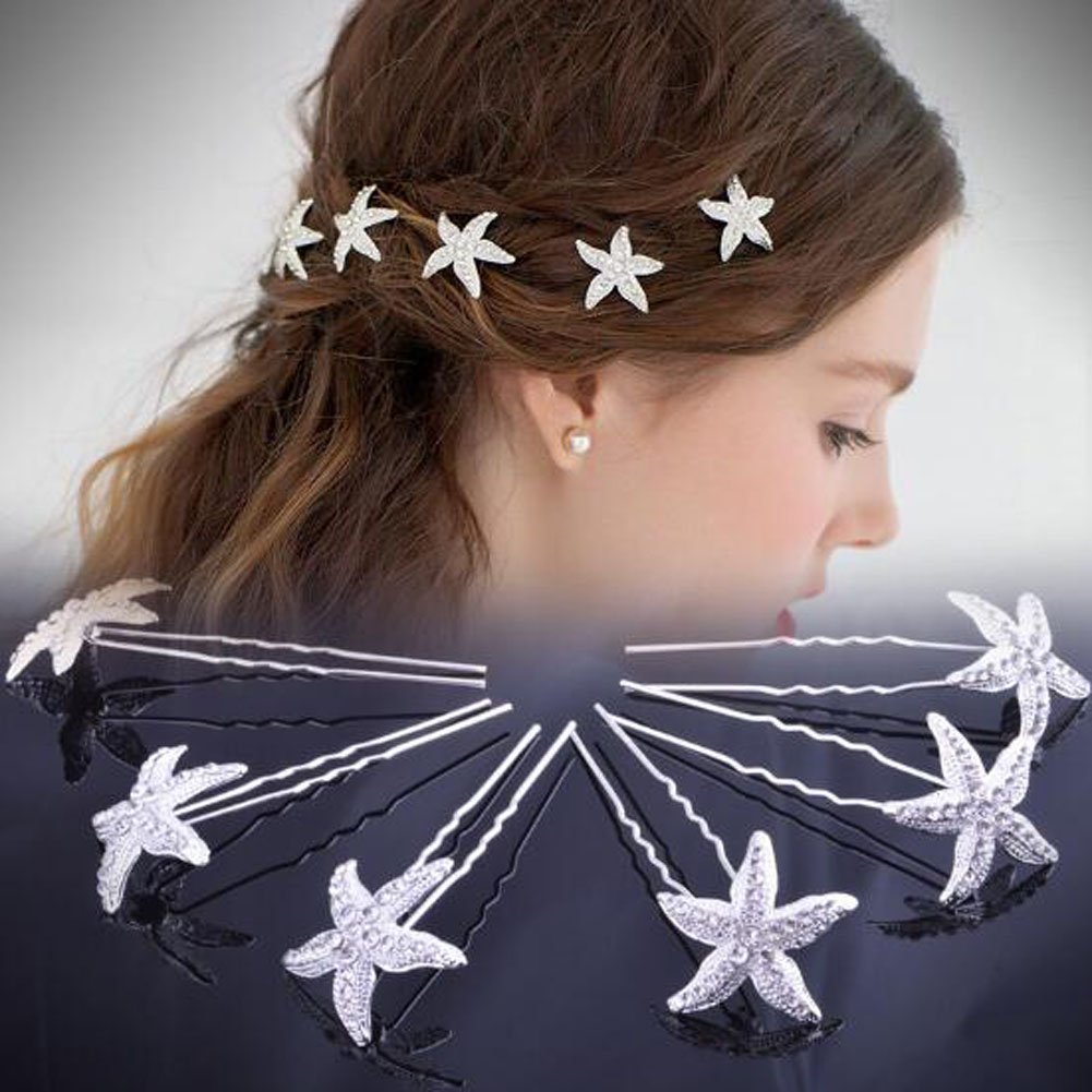 Numblartd 10 Pcs Silver Starfish U Shaped Hair Pin - Crystal Rhinestone Hair Jewelry Accessories for Women Lady Party Wedding an