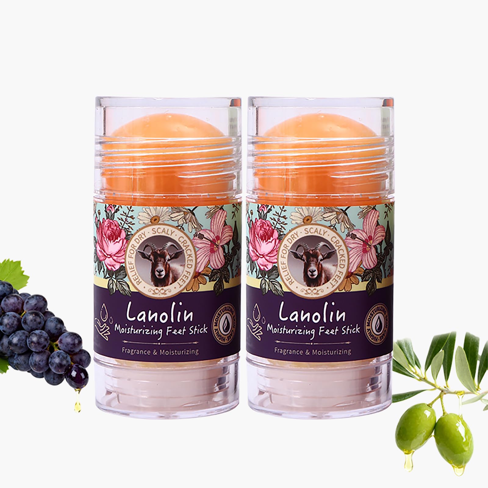 Lanolin Foot & Hand Cream Stick 2Pack, Natural Moisturizing Balm for Dry Cracked Heels, Feet & Hands with Olive Oil & Grape See