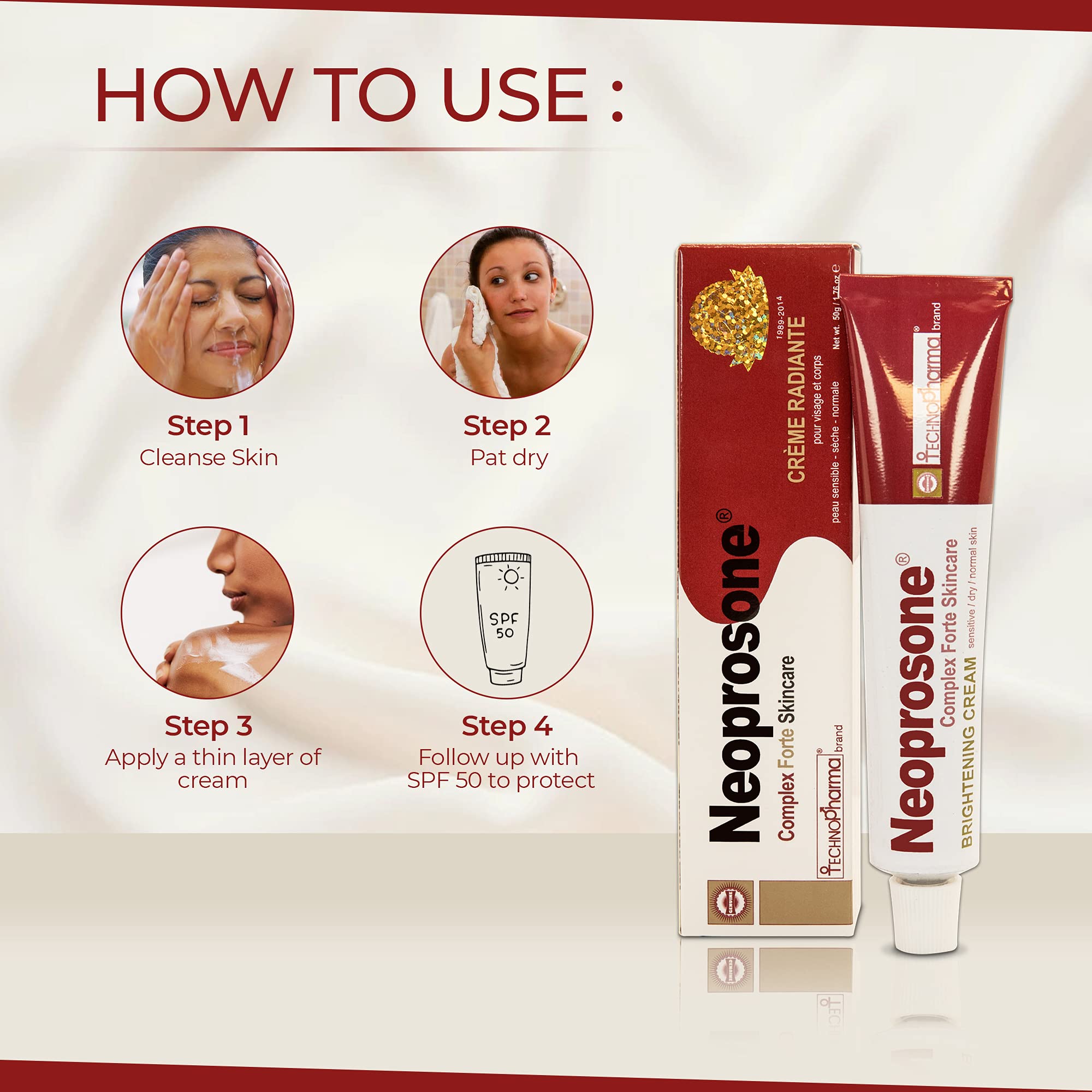Neoprosone, Skin Brightening Cream | 1.7 Fl oz / 50 ml | Fade Dark Spots on: Face, Elbows, Knees, Body | with Alpha Arbutin, Lac