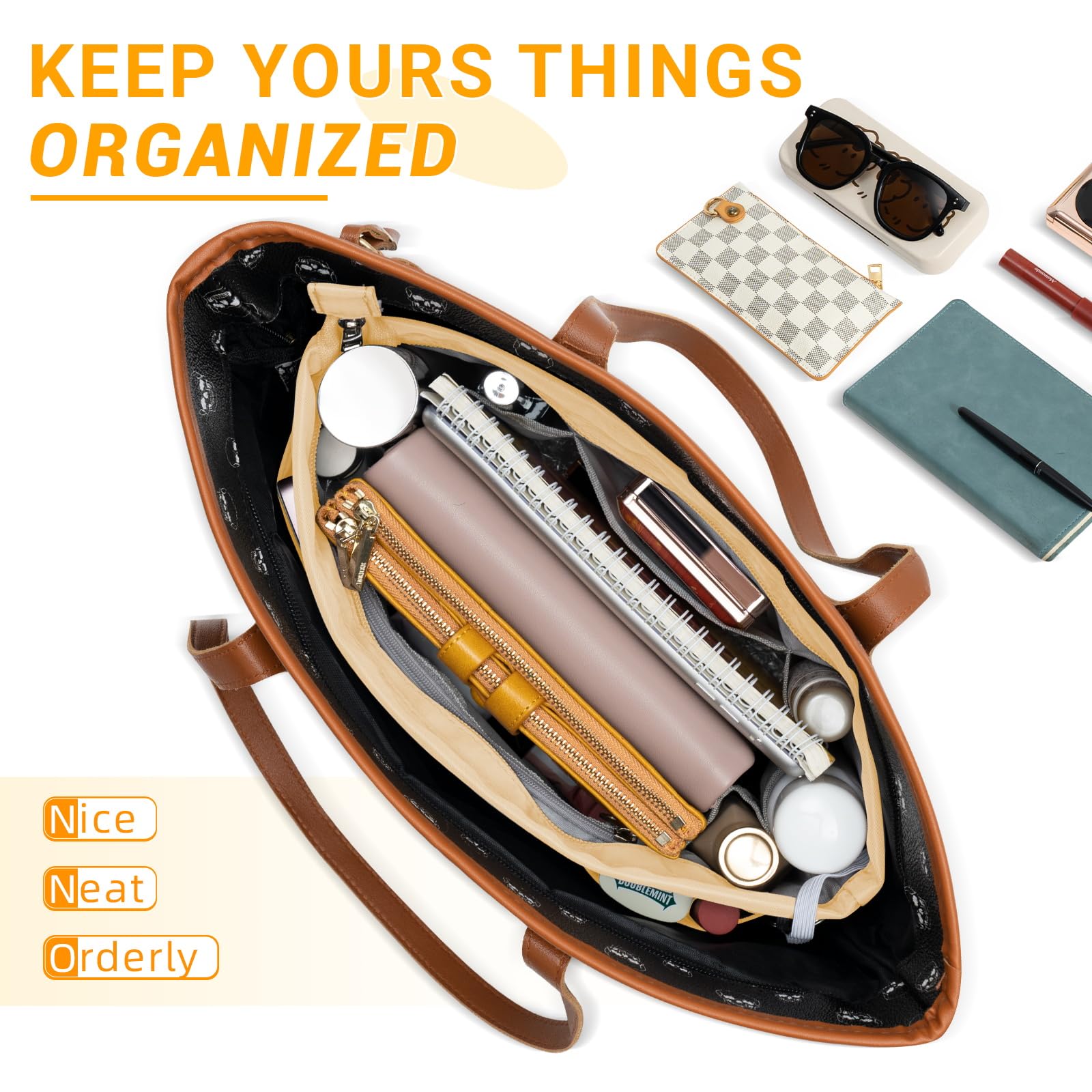 HyFanStr Purse Organizer Insert with Zipped Top for Tote Bag, Handbag Shaper with 13 Pockets, Beige L