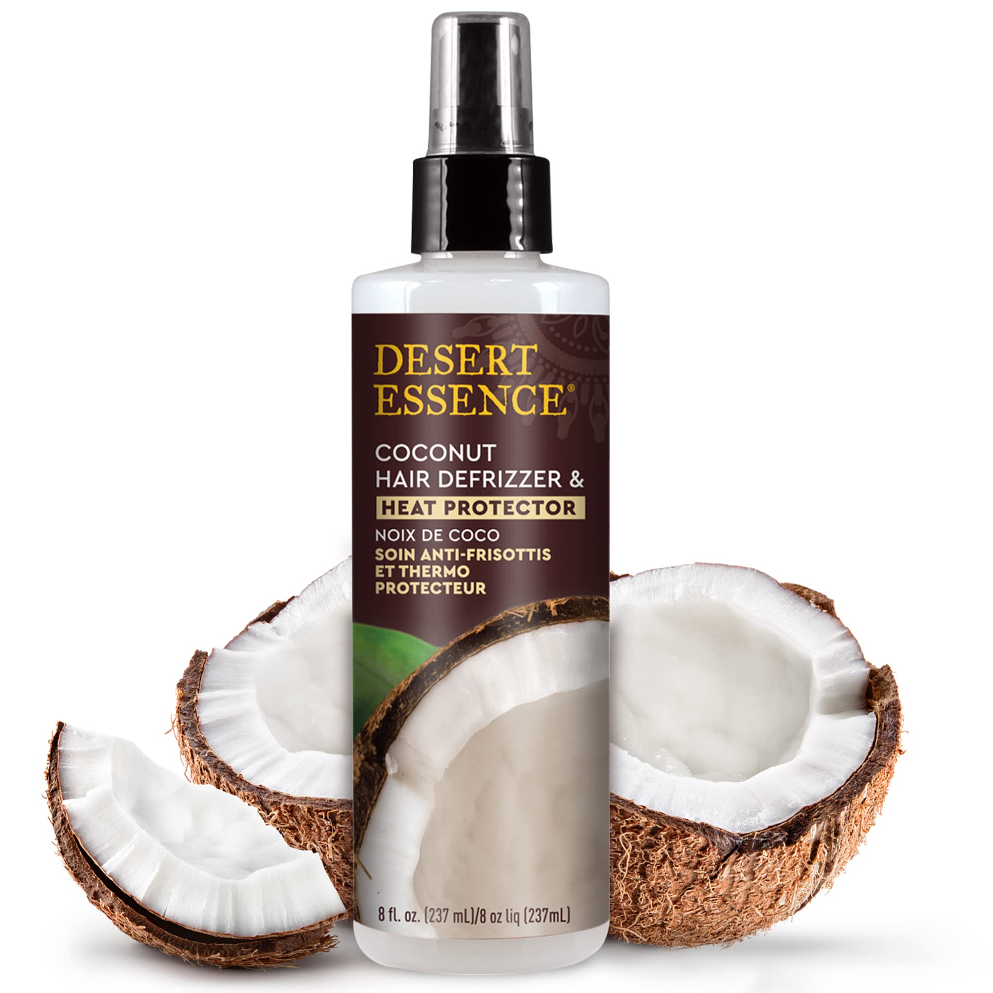 Desert Essence Coconut Hair Defrizzer & Heat Protector 8 Fl Oz - Gluten Free, Vegan, Cruelty Free - Coconut Oil & Jojoba Seed Ex