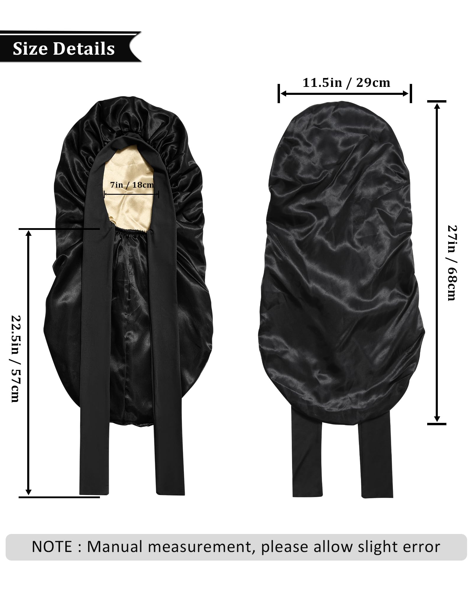Awaytr Long Satin Bonnet For Sleeping - Double Layer Reversible Silk Bonnet For Long Hair Women Sleeping Cap With Tie Band (Blac