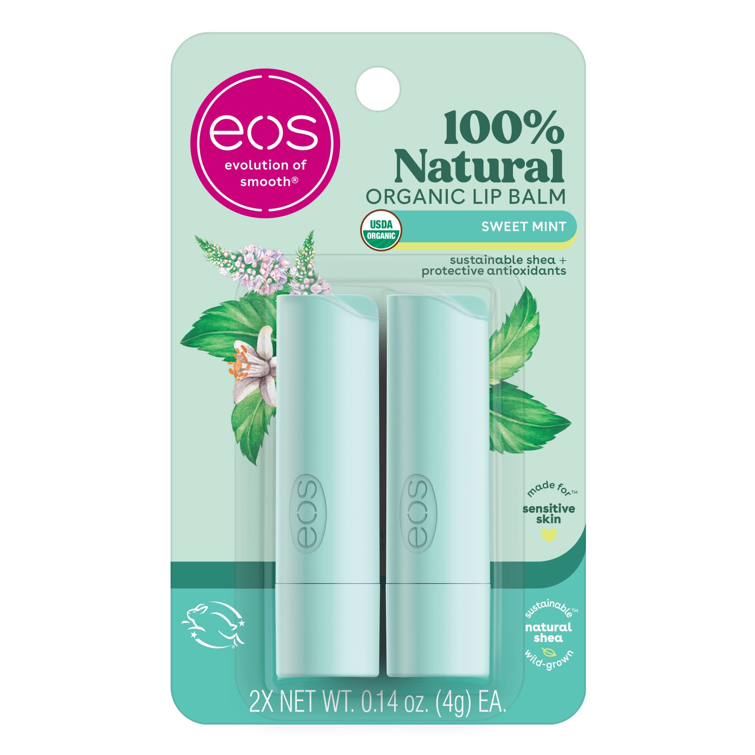 eos 100% Natural & Organic Lip Balm Sticks- Sweet Mint, All-Day Moisture, Dermatologist Recommended for Sensitive Skin, 0.14 oz,