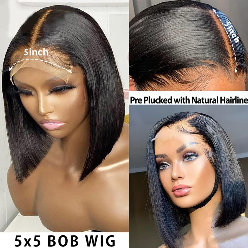 Karlami Short Bob Wigs Human Hair 5X5 Closure Wig Human Hair Brazilian Straight Bob Human Hair Wigs 150% Density Pre Plucked Wit
