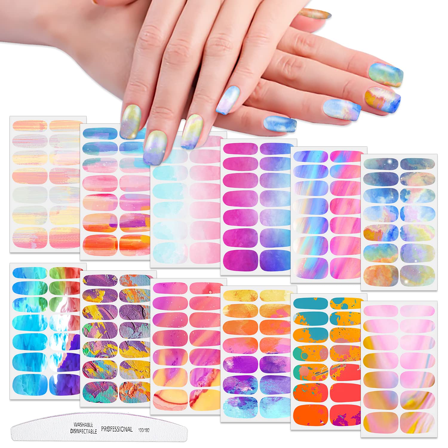 WOKOTO 12 Sheets Gradient Nail Polish Wraps for Women Graffiti Nail Stickers Full Nail Wraps Aurora Nail Sticker Nails for Women