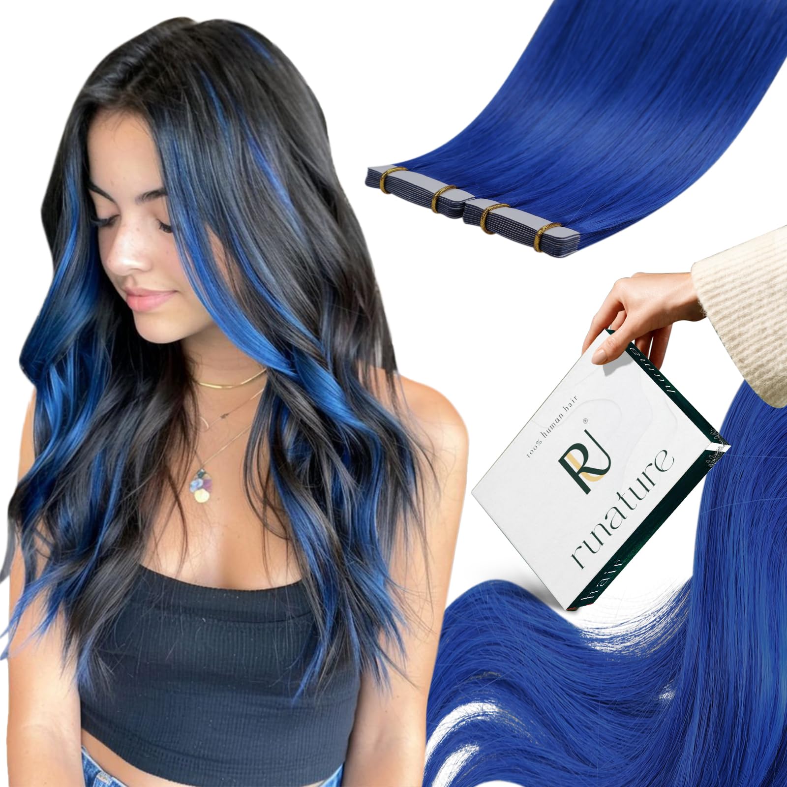 Ruanture Tape In Extensions Blue Hair Extensions Tape Ins Colored Tape In Hair Extensions Human Hair For Highlight Dark Blue Tap