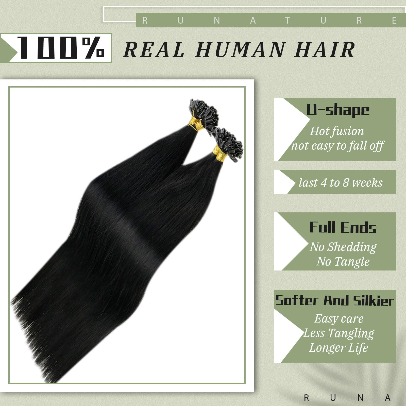 Runature 24 Inch U Tip Hair Extensions Human Hair Black For Long Hair Extensions Pre Bonded Keratin Fusion Hair Extensions U Tip