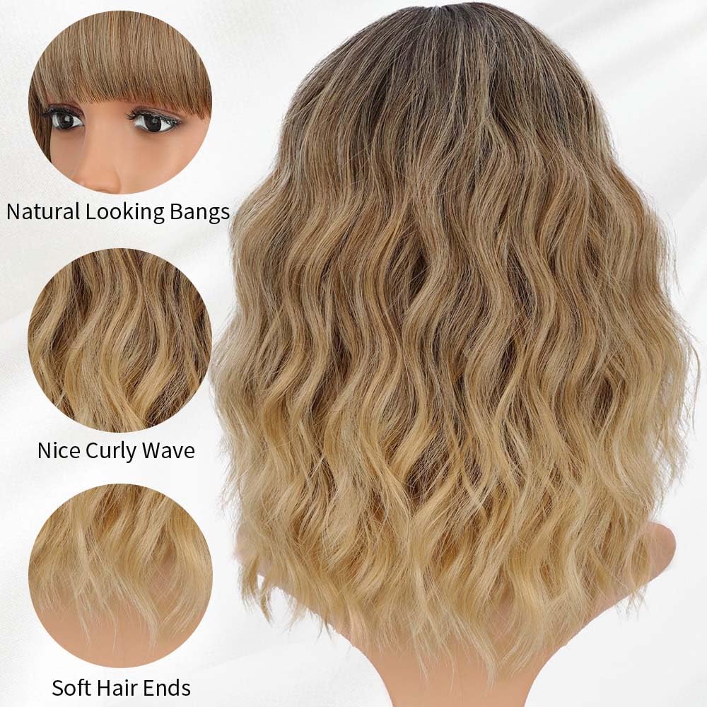 Aisi Hair Synthetic Wavy Curly Bob Wig With Bangs Ombre Blonde Mixed Short Hair For Women Synthetic Heat Resistant Bob Wigs