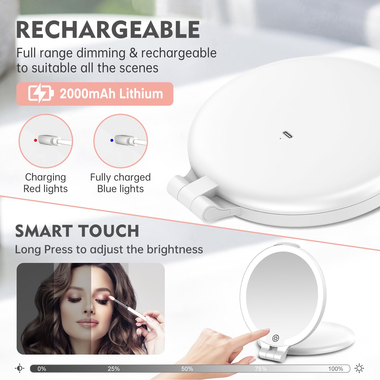 Funtouch Travel Magnifying Mirror With Light, Rechargeable 1X/10X Double Sided Makeup Mirror With Lights, 3 Lighting Modes, Fold