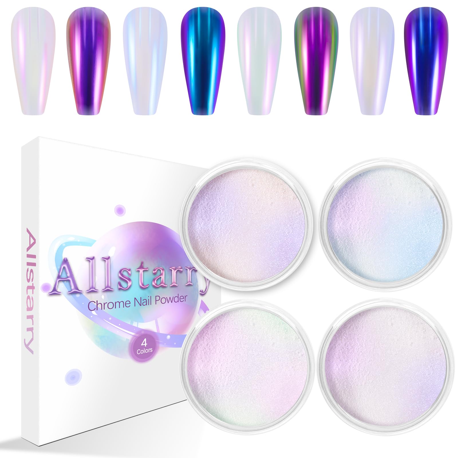 Allstarry White Chrome Nail Powder, 4 PCS Color-Shift Chameleon Mica Powder Pearlescent Pearl Pigment Aurora Chrome Effect Glitt