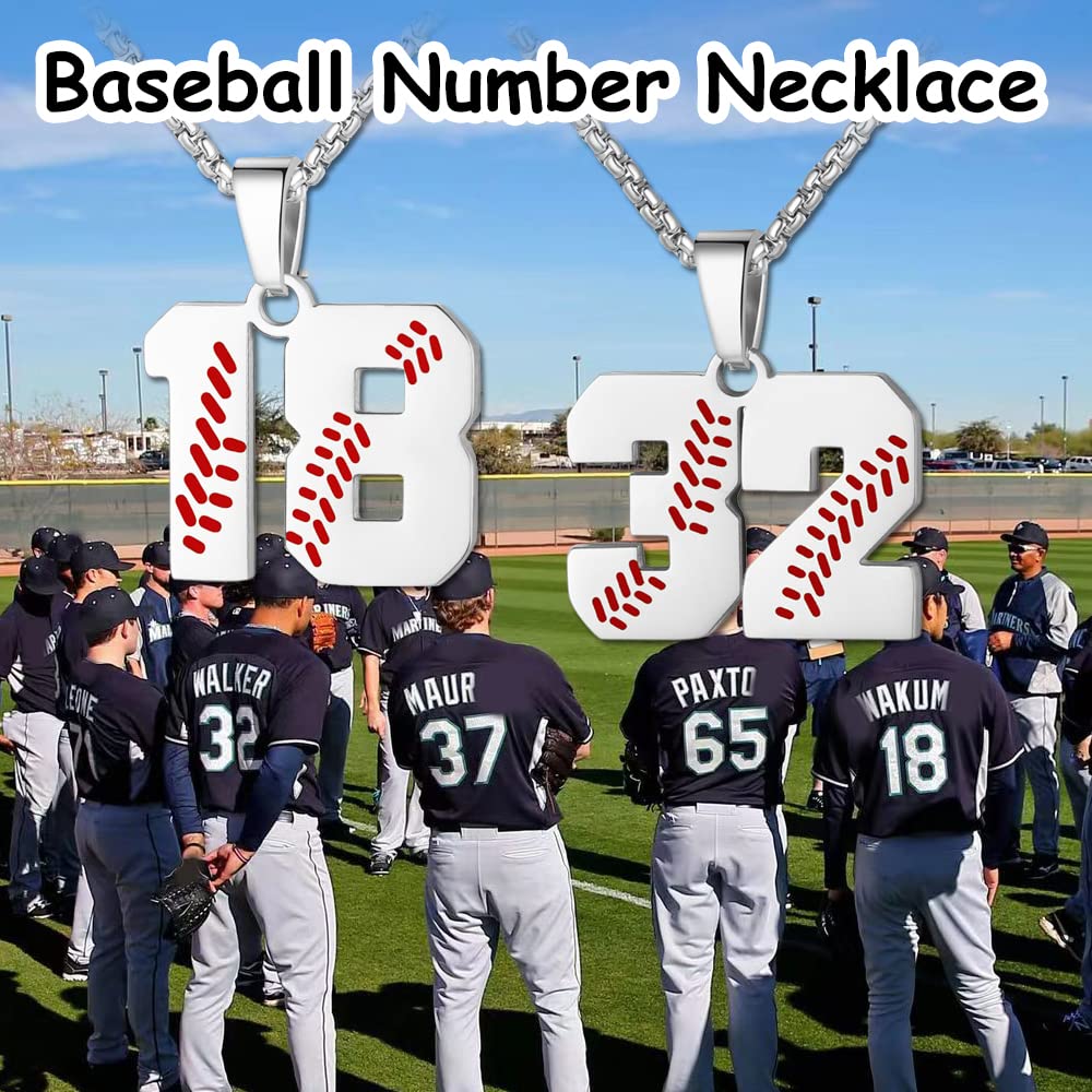 AIAINAGI Baseball Number Necklace for Men 00-99 Athletes Jersey Number Necklace Stainless Steel Silver Chain Baseball Charm Pend