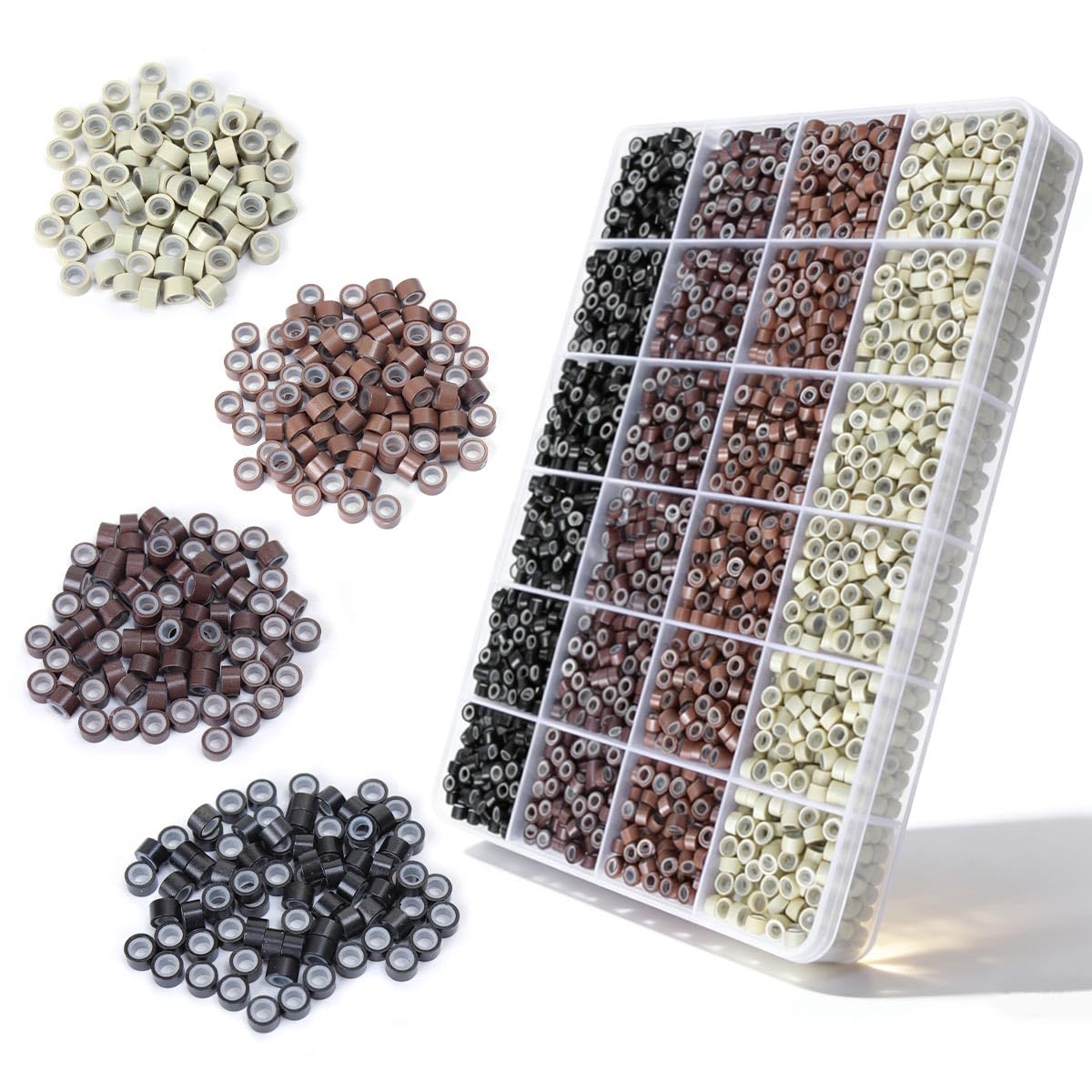 Plenday 1920Pcs Silicone Hair Extensions Beads, 5mm Lined Micro Links Beads, 4Colors Rings Hair Extension Device Tool Kits  Pro