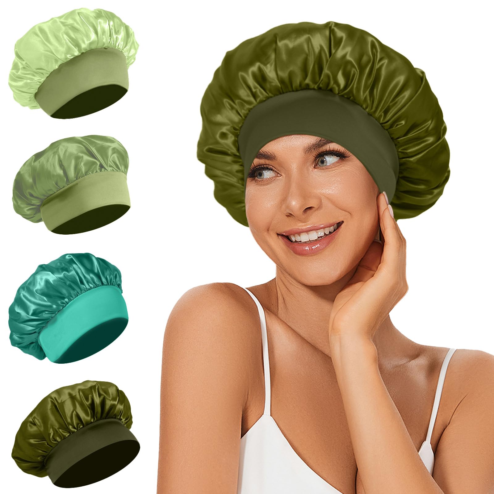 4Pcs Satin Bonnet Silk Bonnet, Hair Bonnet For Sleeping, Elastic Wide Band Silk Sleep Cap, Shower Cap Soft And Breathable (Green