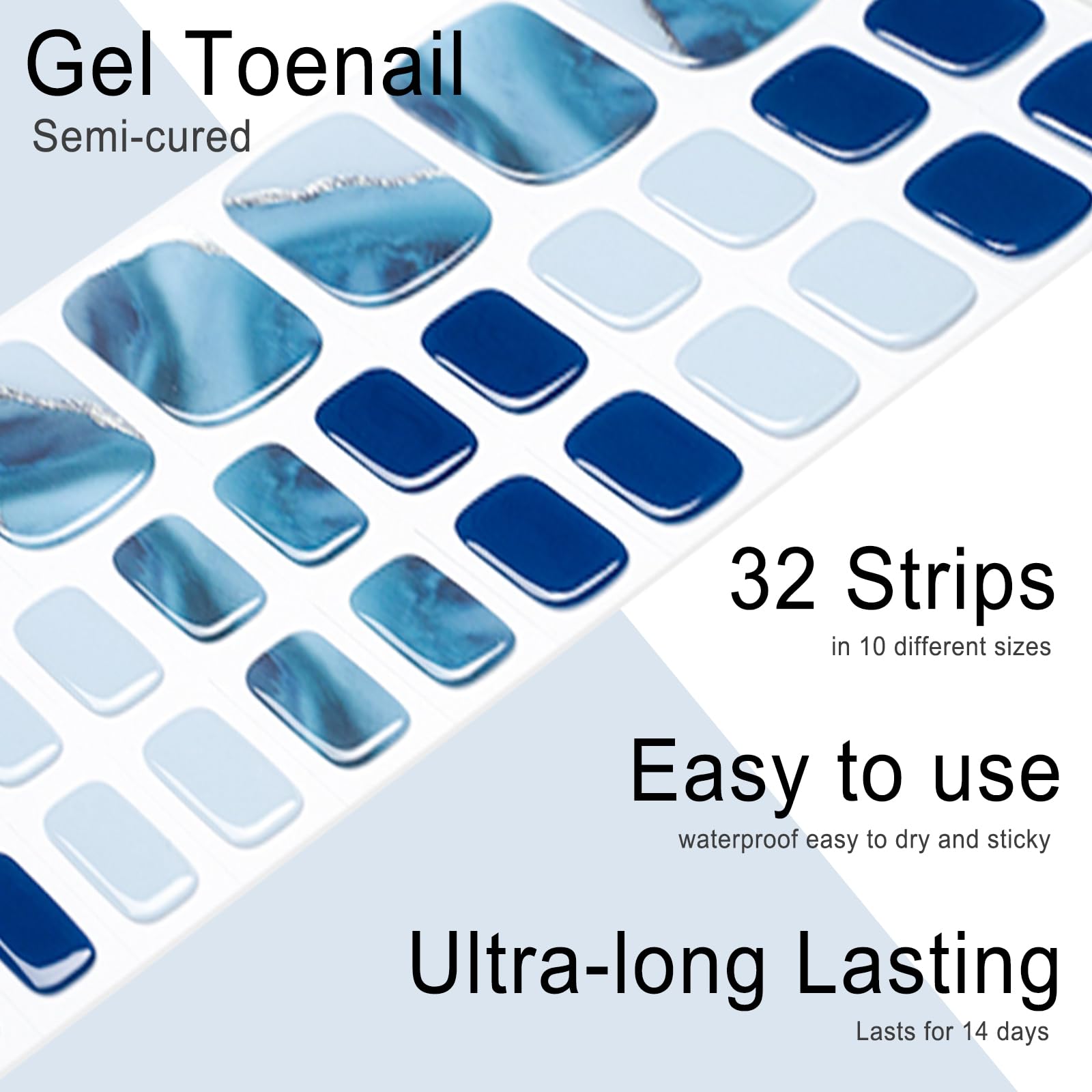 Wekcekcek Semi Cured Gel Toenail Strips, 32 Blue Marble Gel Toenail Stickers - Works With Any Nail Lamps Gel Pedicure Strips Ful