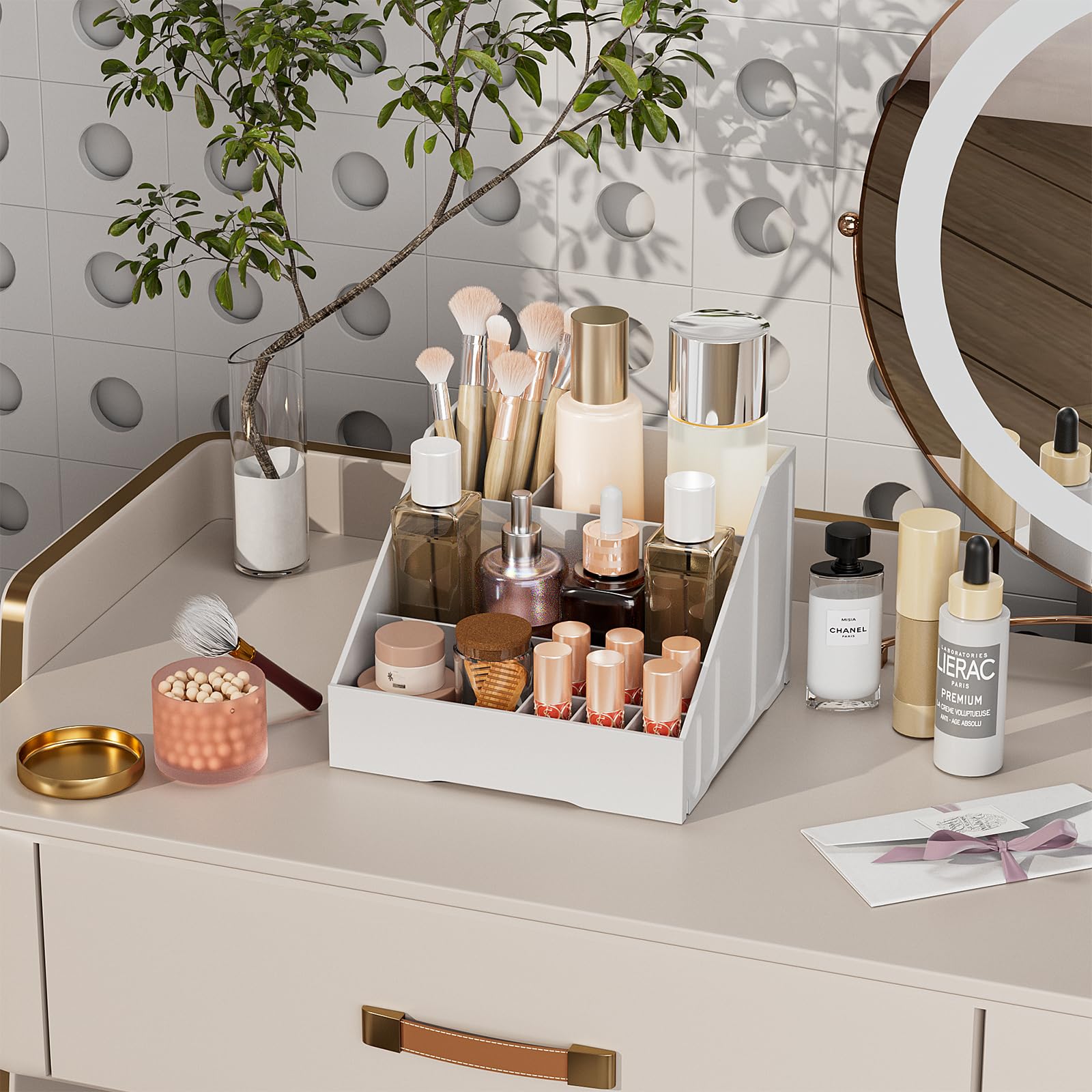 White Makeup Organizer For Vanity With 6 Lipstick Organizer,1 Makeup Brush Holder,3 Different Sized Compartments For Nail Polish