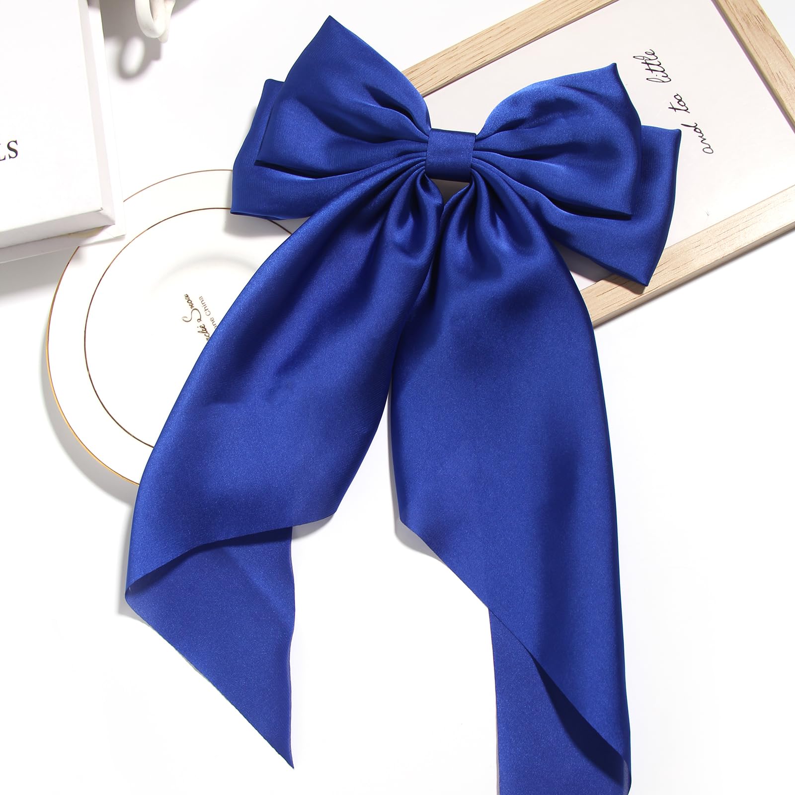 Susulu Large Hair Bow Clips For Women Red Royal Blue Hair Bows Slides For Girls Satin Hair Barrettes With Long Ribbon Tail,Weddi