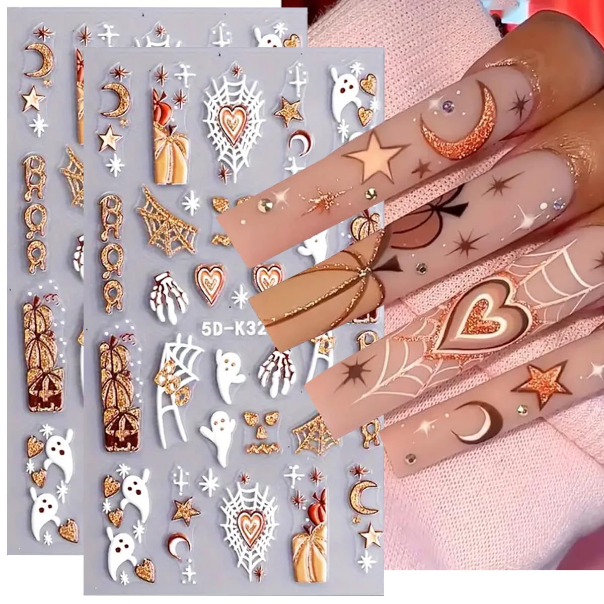 Halloween Nail Art Stickers Halloween 5D Embossed Nail Decals 2Pcs Ghost Pumpkin Heart Spider Web Boo Halloween Nails Design Gli